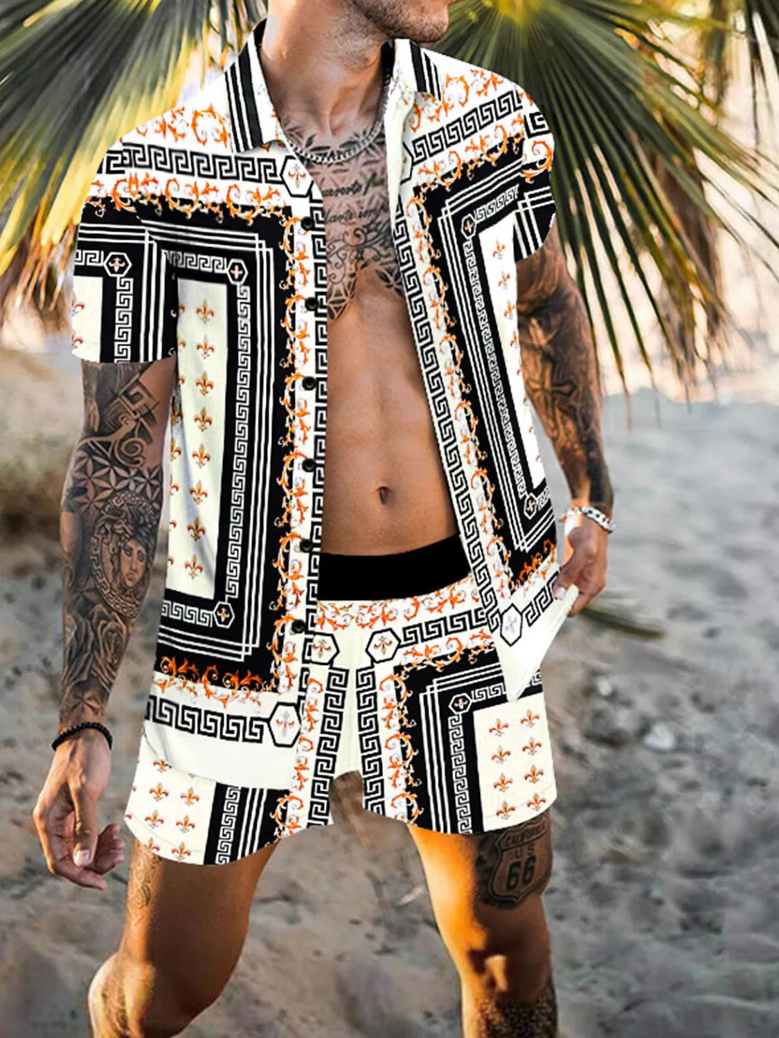 Men's Full Size Printed Collared Neck Short Sleeve Top and Shorts Set Plus Size