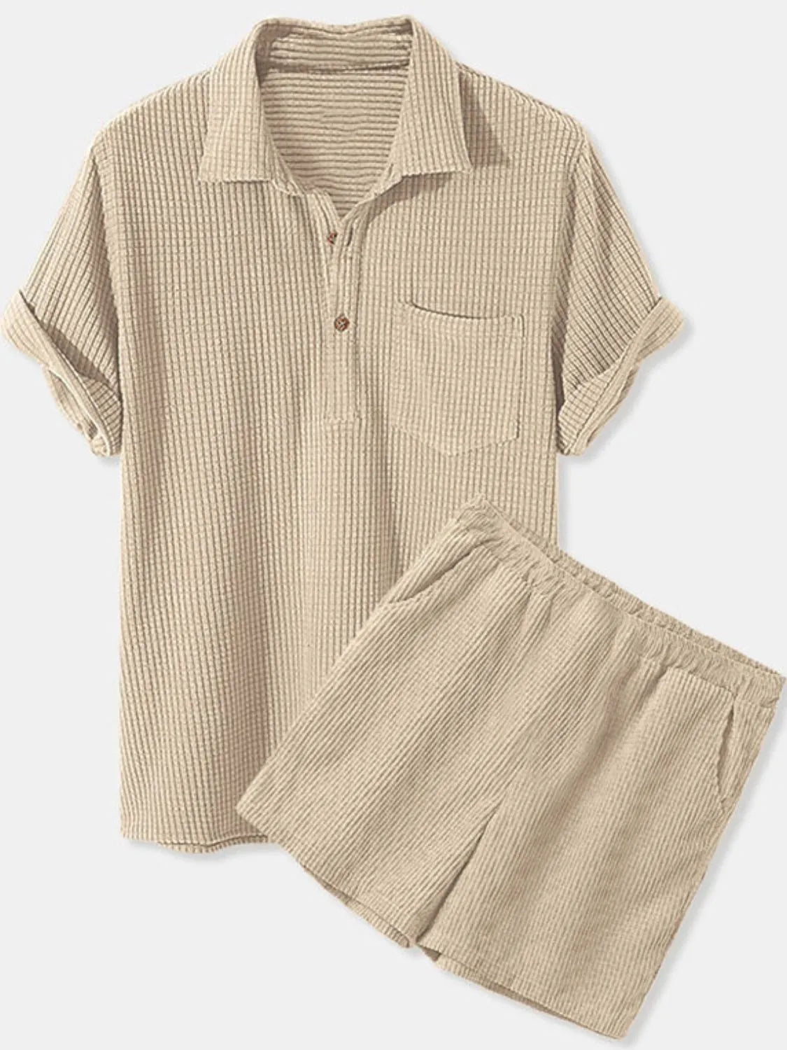 Men's Full Size Button Detail Short Sleeve Top and Shorts Set Plus Size