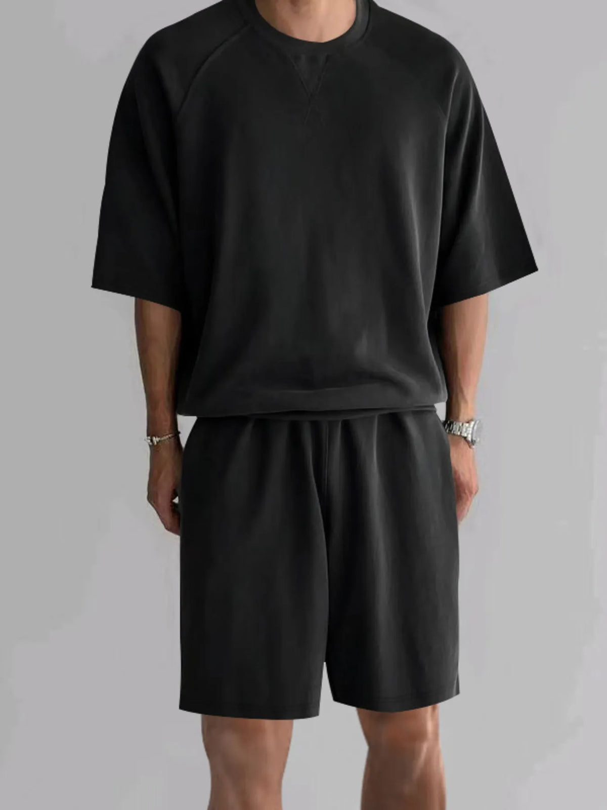 Men's Full Size Round Neck Top and Shorts Set Plus Size