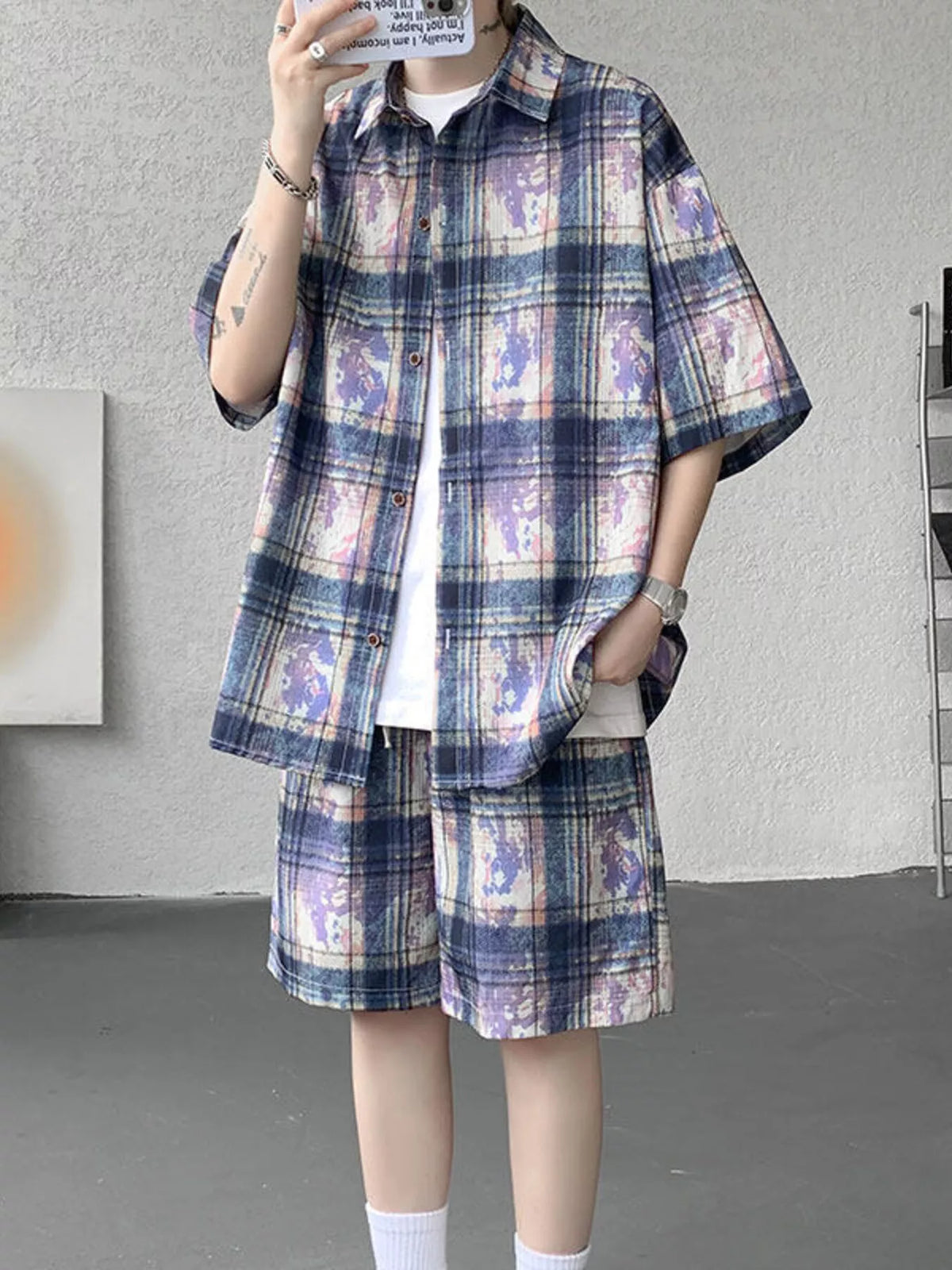 Men's Plus Size Casual Plaid Print Shirt & Shorts Set