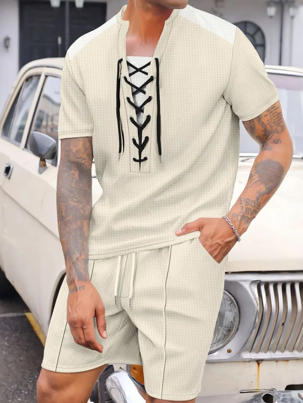 Men's Full Size Lace-Up Waffle Knit Top and Shorts Set Plus Size