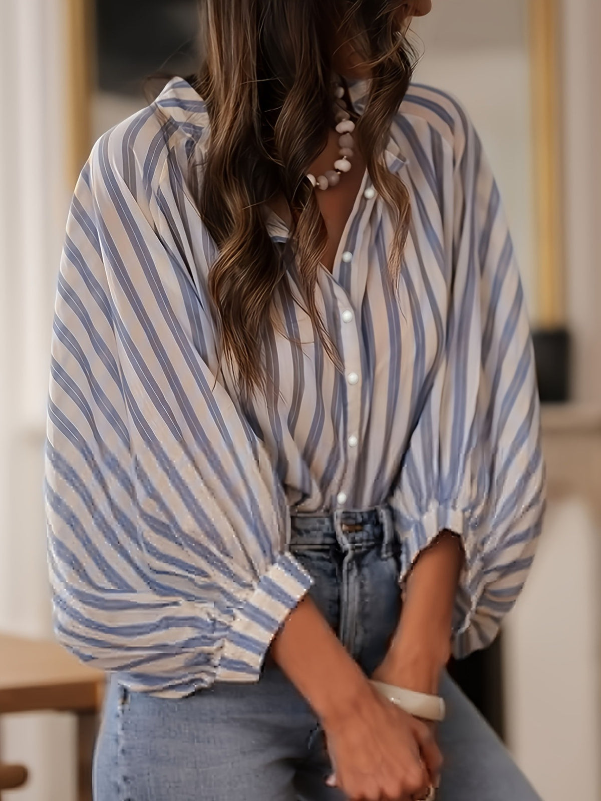 Striped Balloon Sleeve Button-Down Shirt
