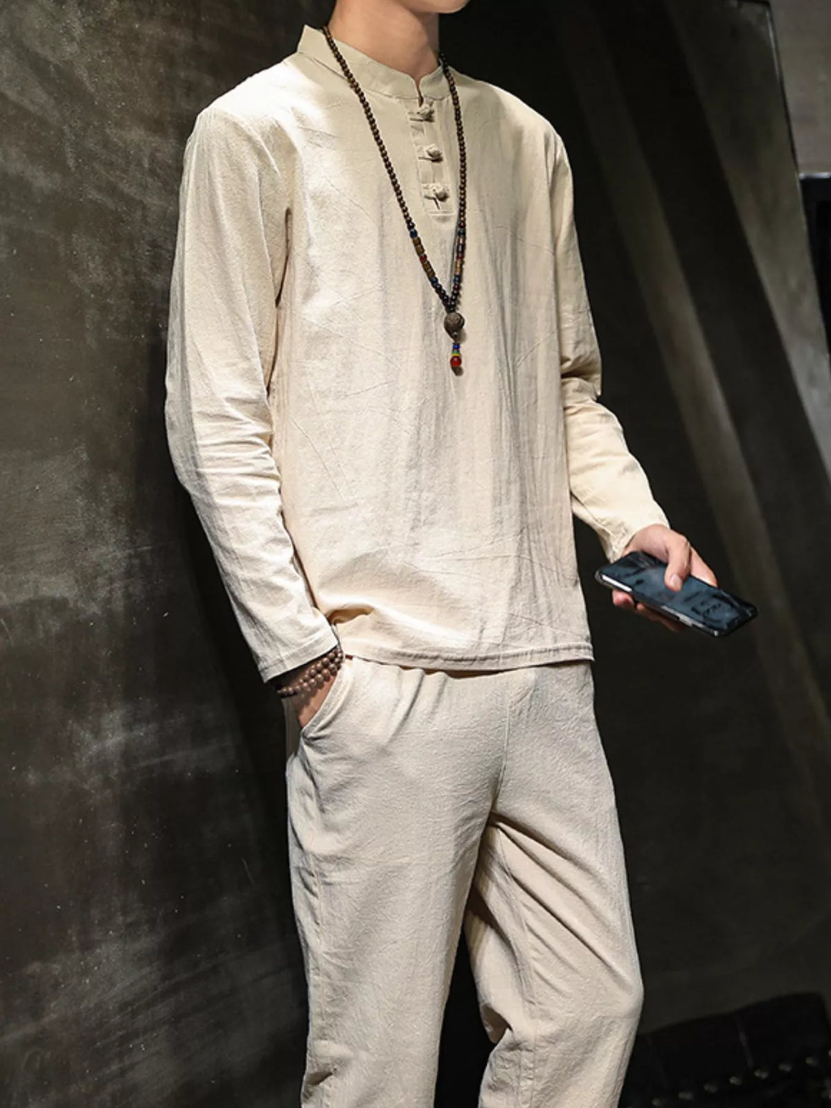 Men's Plus Size Button Detail Long Sleeve Top and Pants Set