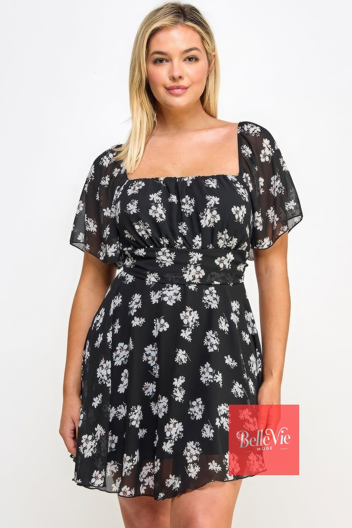 BelleVie Mode 1XL Plus Size Floral Chiffon Dress