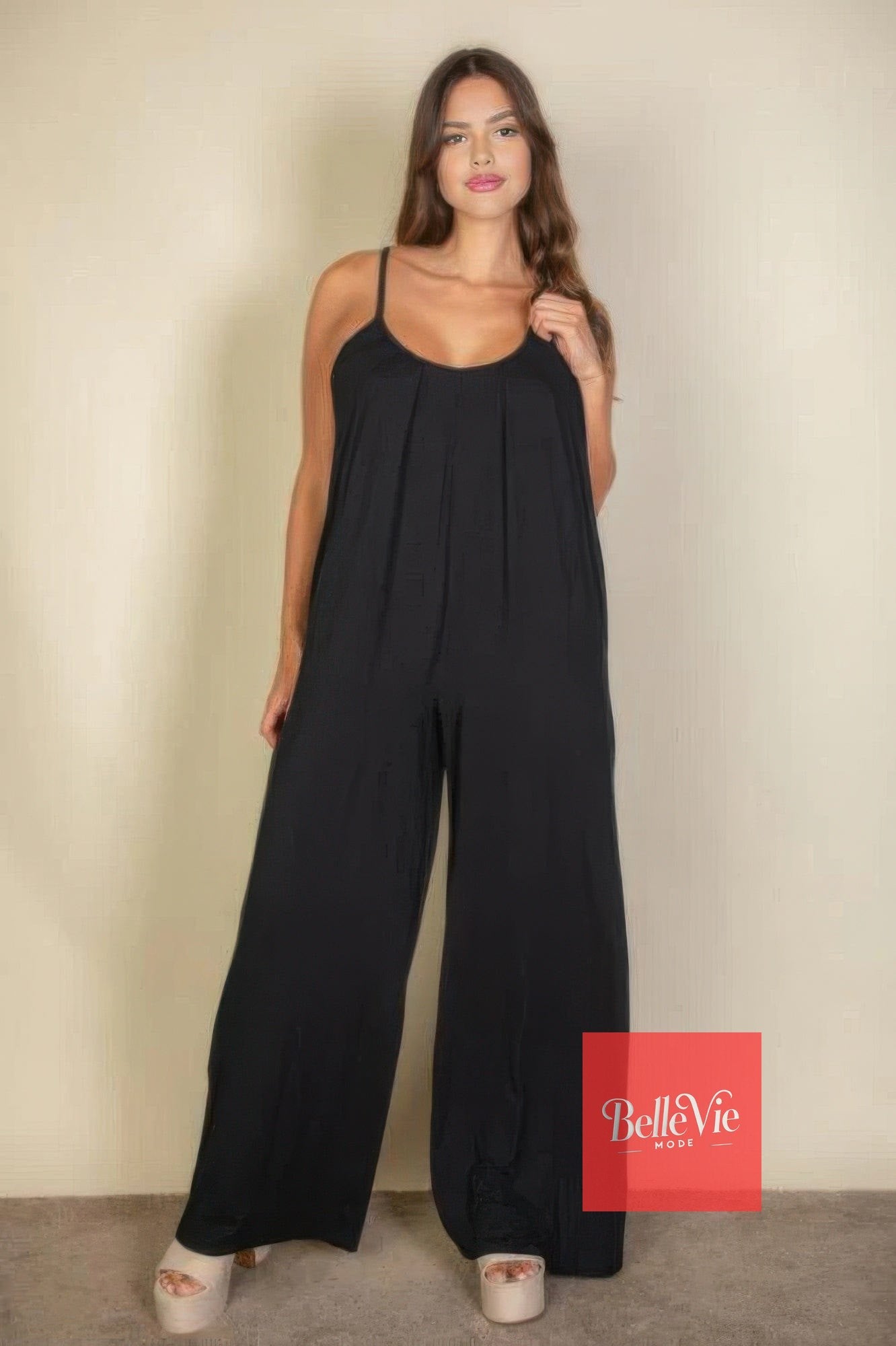 BelleVie Mode 1XL Plus spaghetti strap solid wide jumpsuit