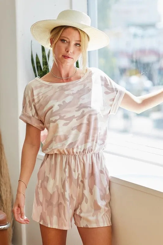 BiBi Camo Print French Terry Romper with Side Pockets