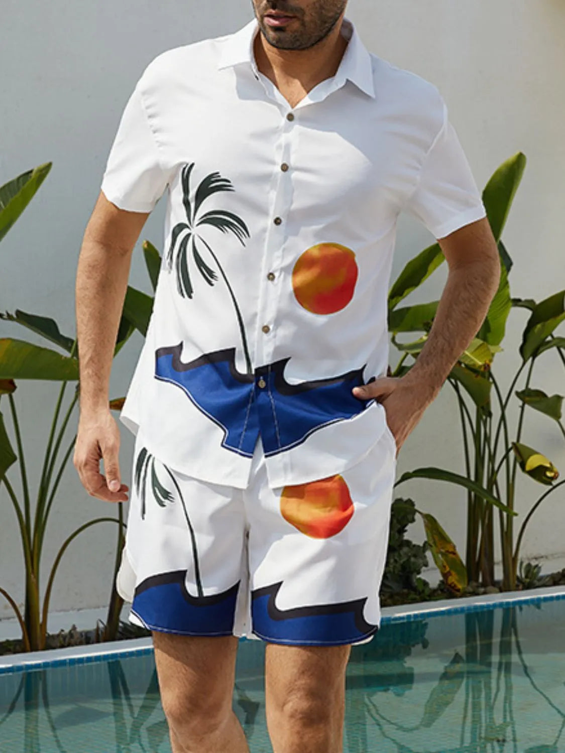 Men's Full Size Button Up Shirt and Shorts Set Plus Size