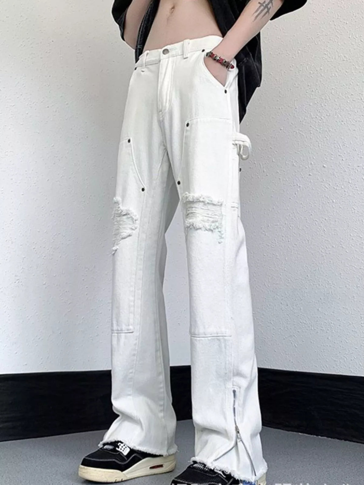 Men's Distressed Raw Hem Wide Leg Jeans