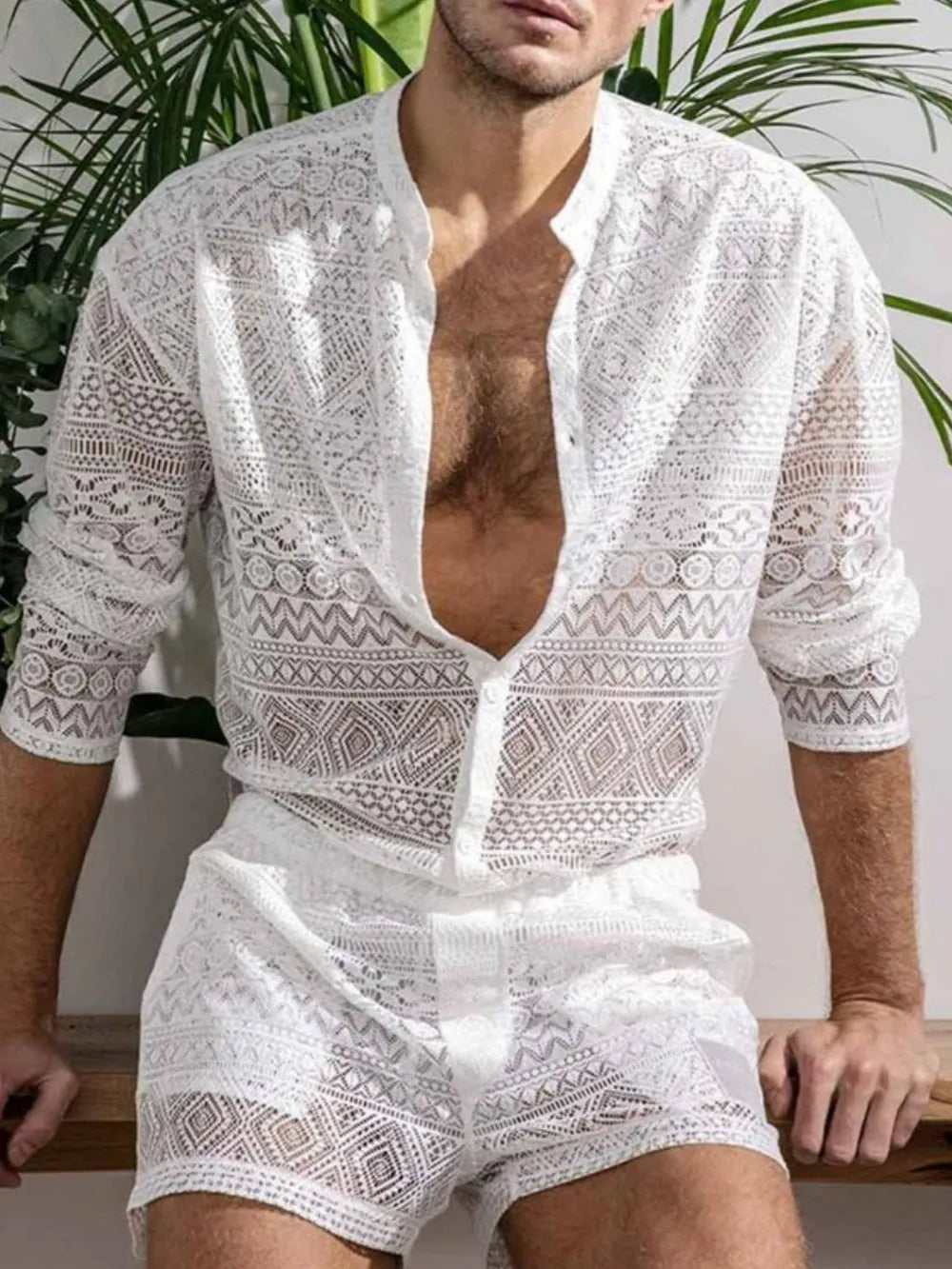 Men's Full Size Lace Button Down Top and Shorts Set Plus Size