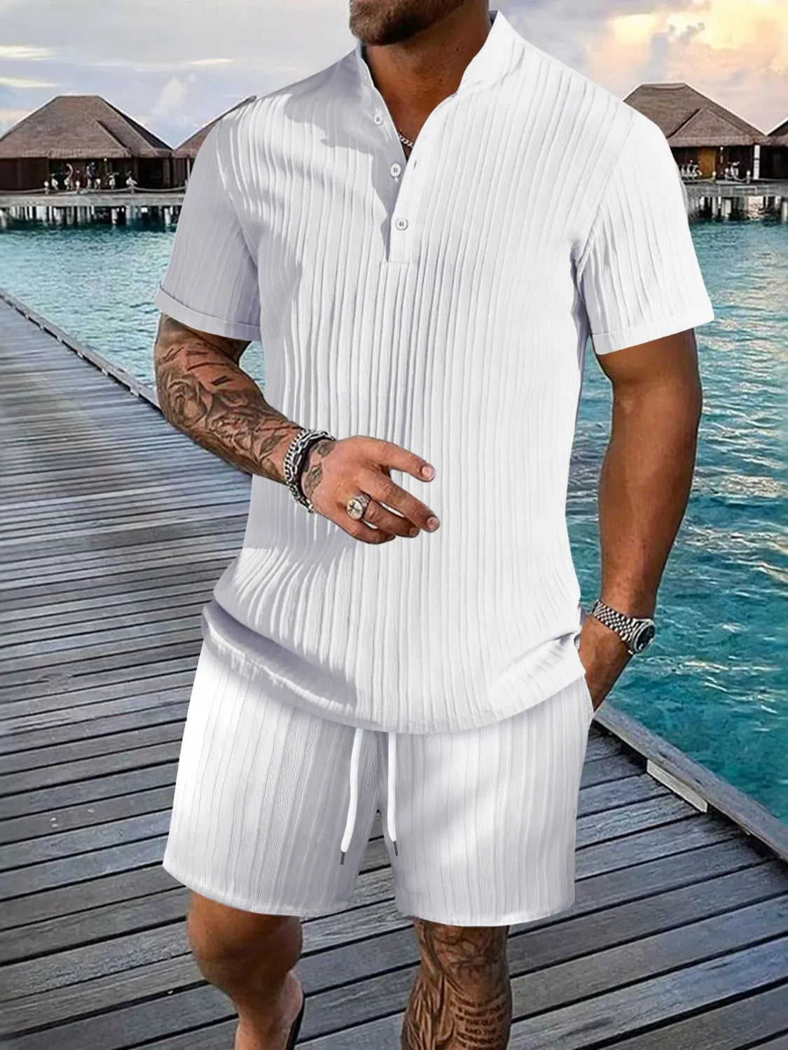 Men's Full Size Button Detail Short Sleeve Top and Shorts Set Plus Size