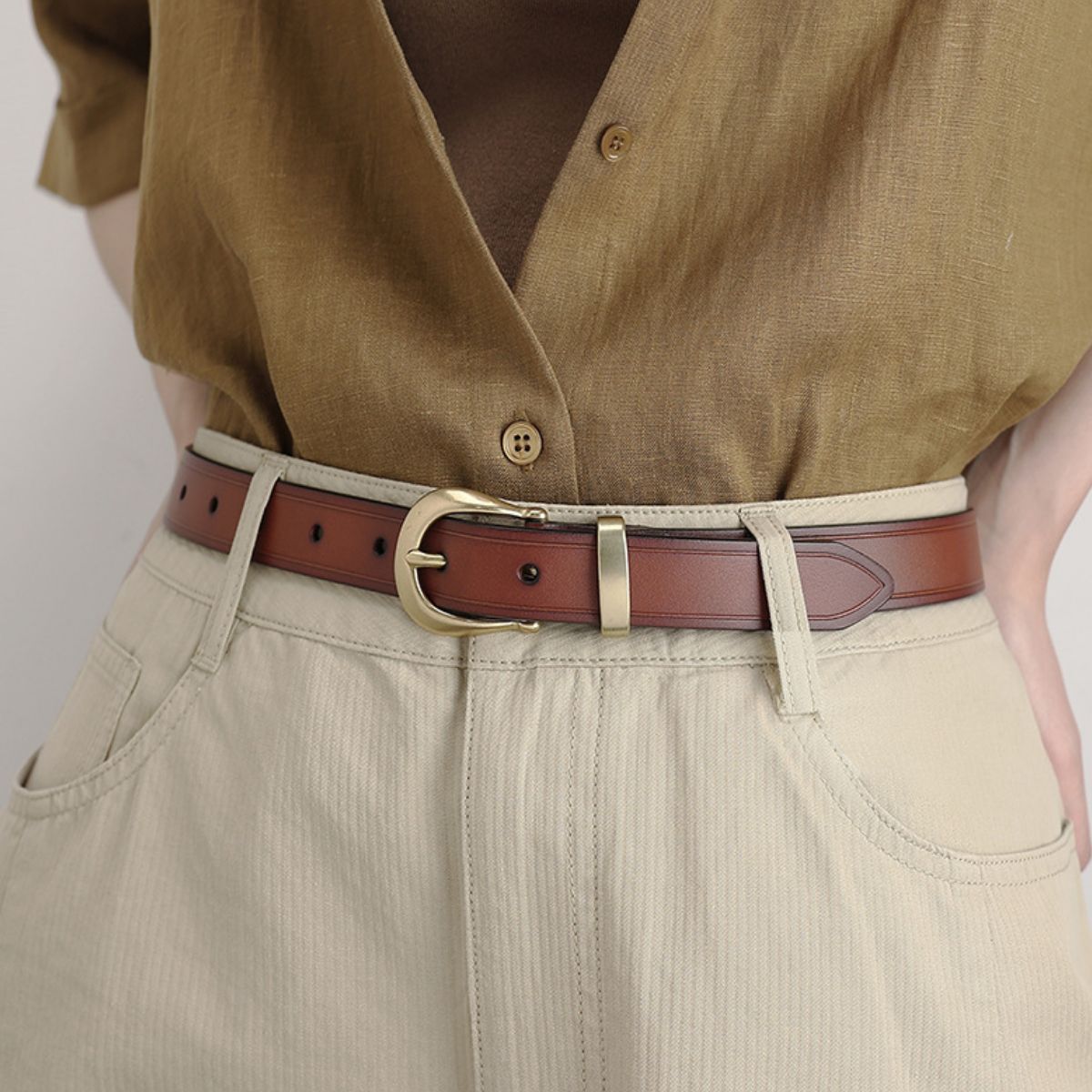 Classic Leather Belt with Golden Buckle