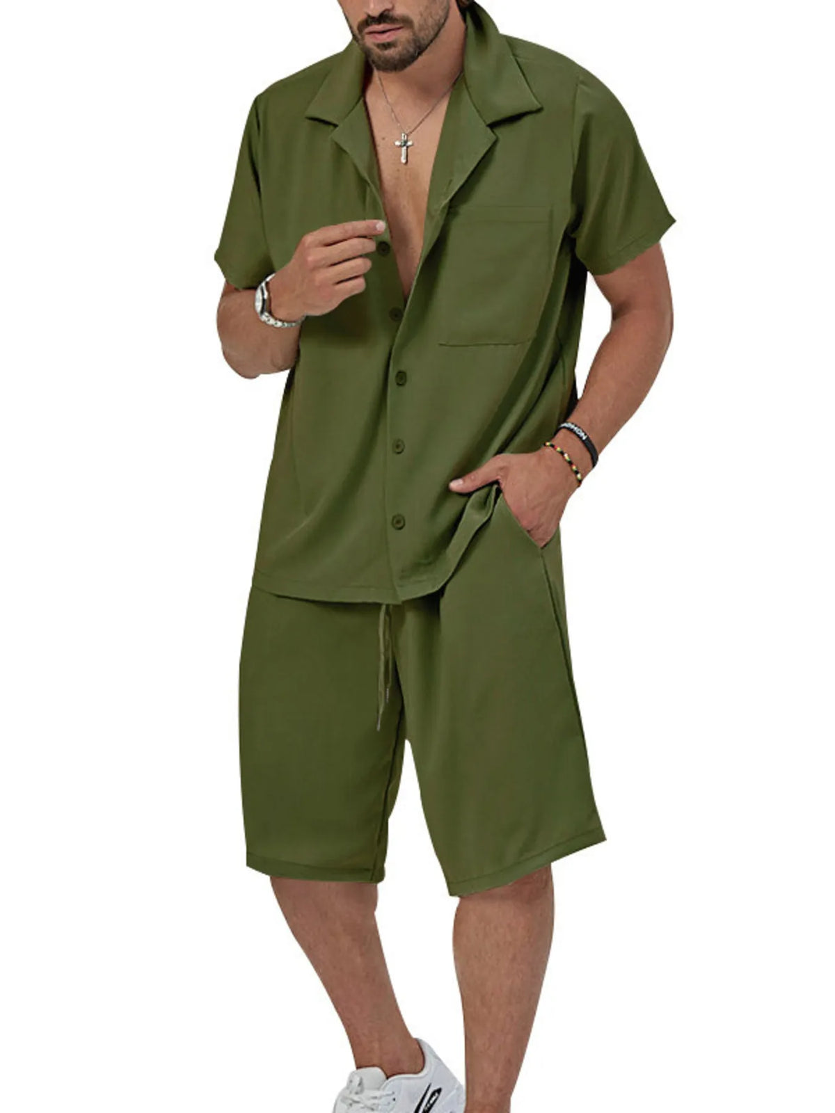 Men's Plus Size Button Up Short Sleeve Shirt and Shorts Set
