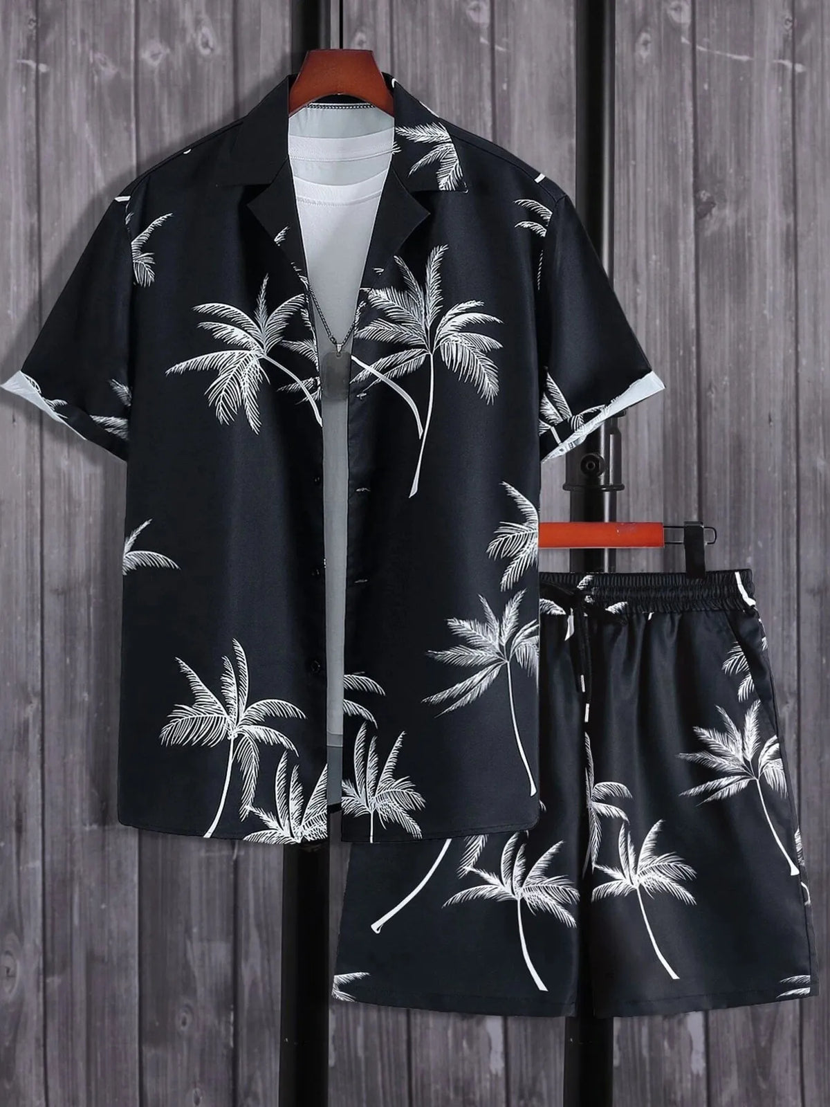 Men's Full Size Palm Print Button Up Shirt and Shorts Set Plus Size