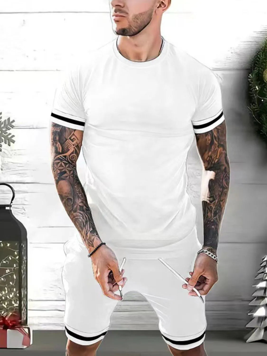 Men's Plus Size Round Neck Short Sleeve Top and Shorts Set