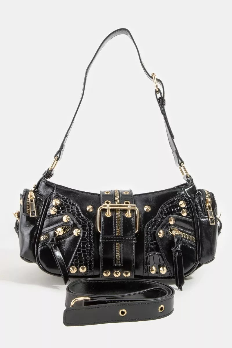 Fame Rivet Detail Leather Shoulder Bag