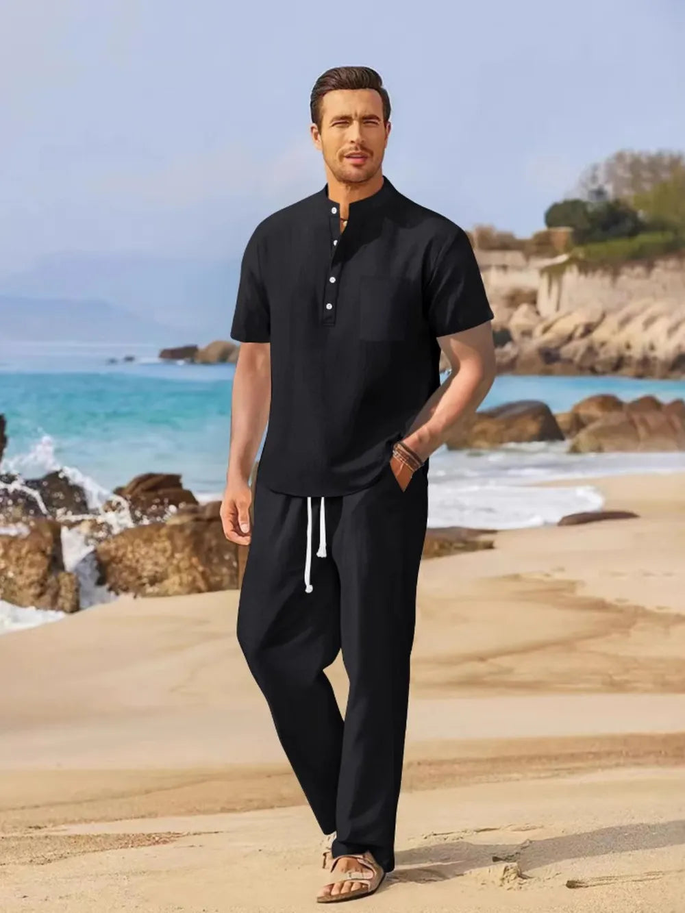 Men's Full Size Half Button Top and Drawstring Pants Set Plus Size