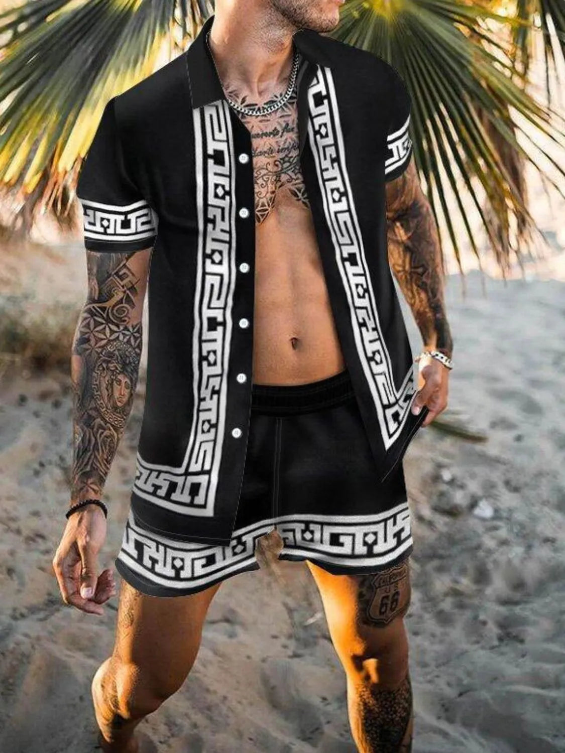 Men's Full Size Printed Button Up Top and Shorts Set Plus Size