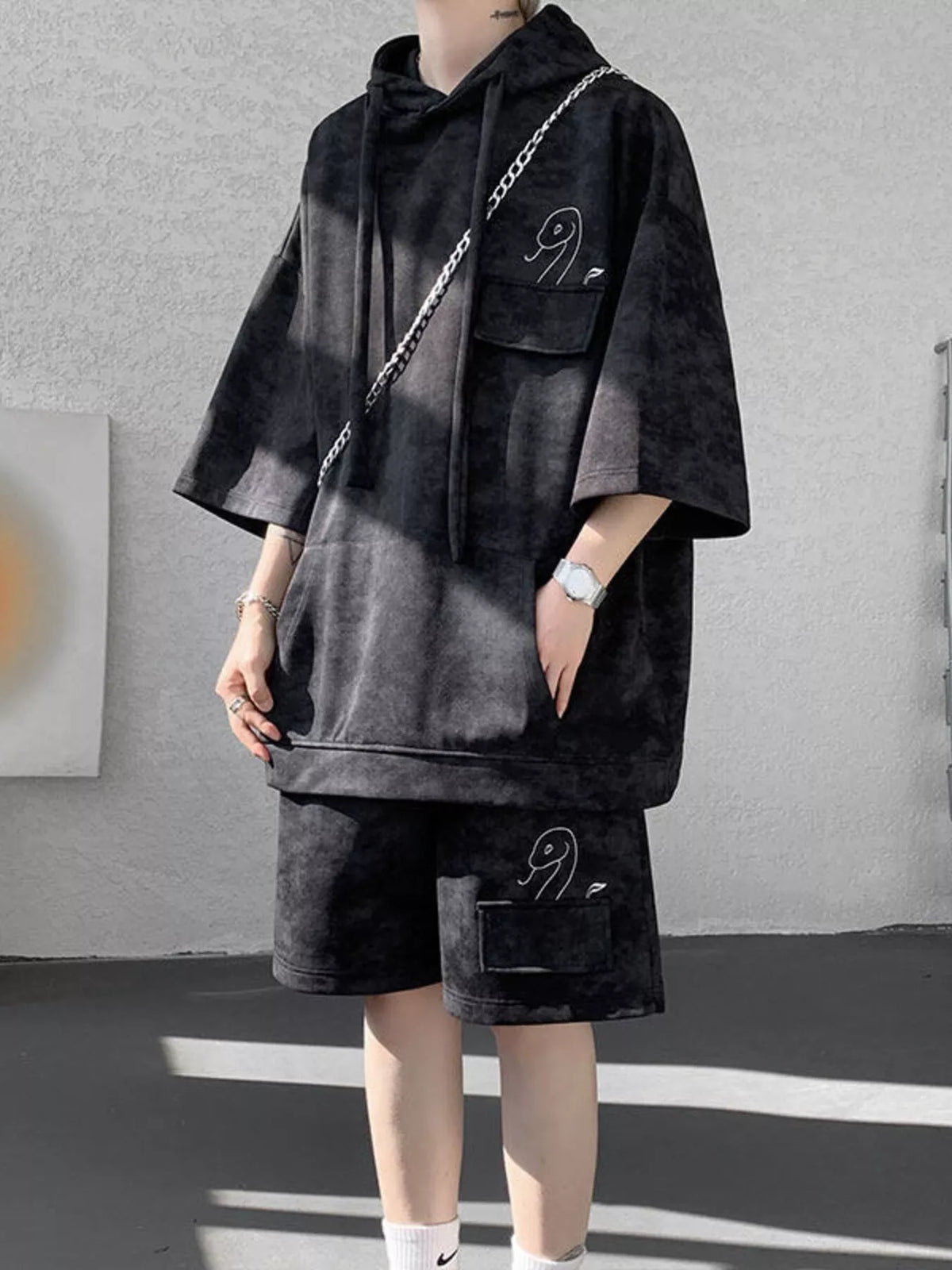 Men's Plus Size Casual Washed Hoodie & Shorts Set