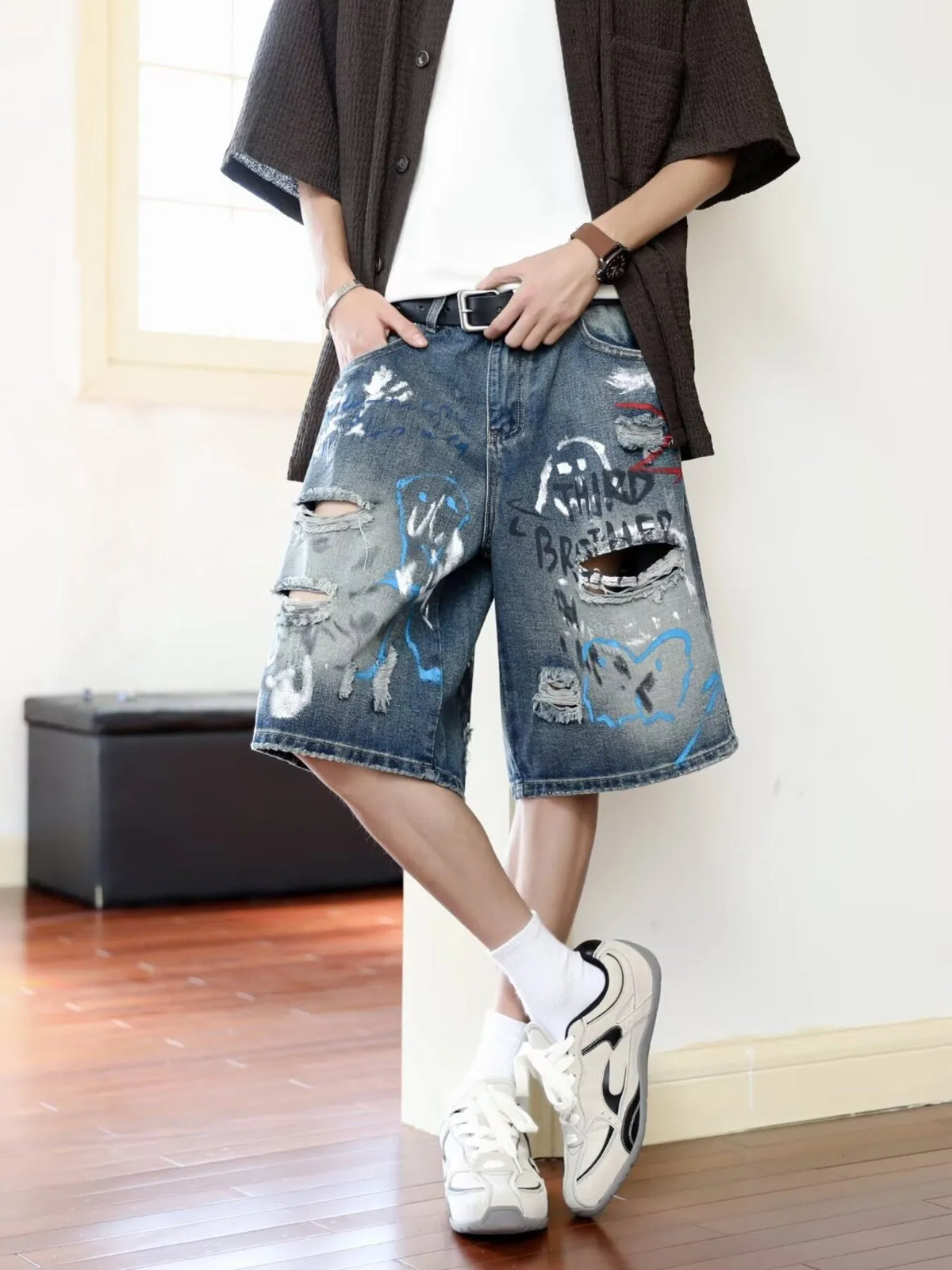 Men's Plus Size Distressed Loose Fit Denim Shorts