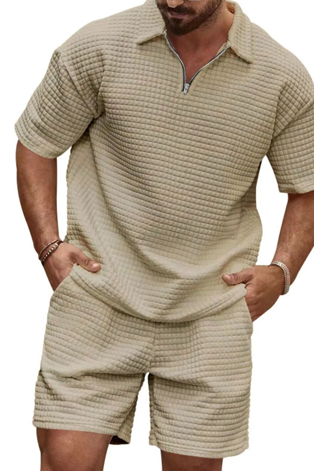 Men's Full Size Zip Collar Short Sleeve Top and Shorts Set Plus Size