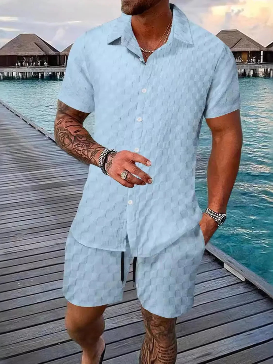 Men's Full Size Collared Neck Short Sleeve Top and Shorts Set Plus Size