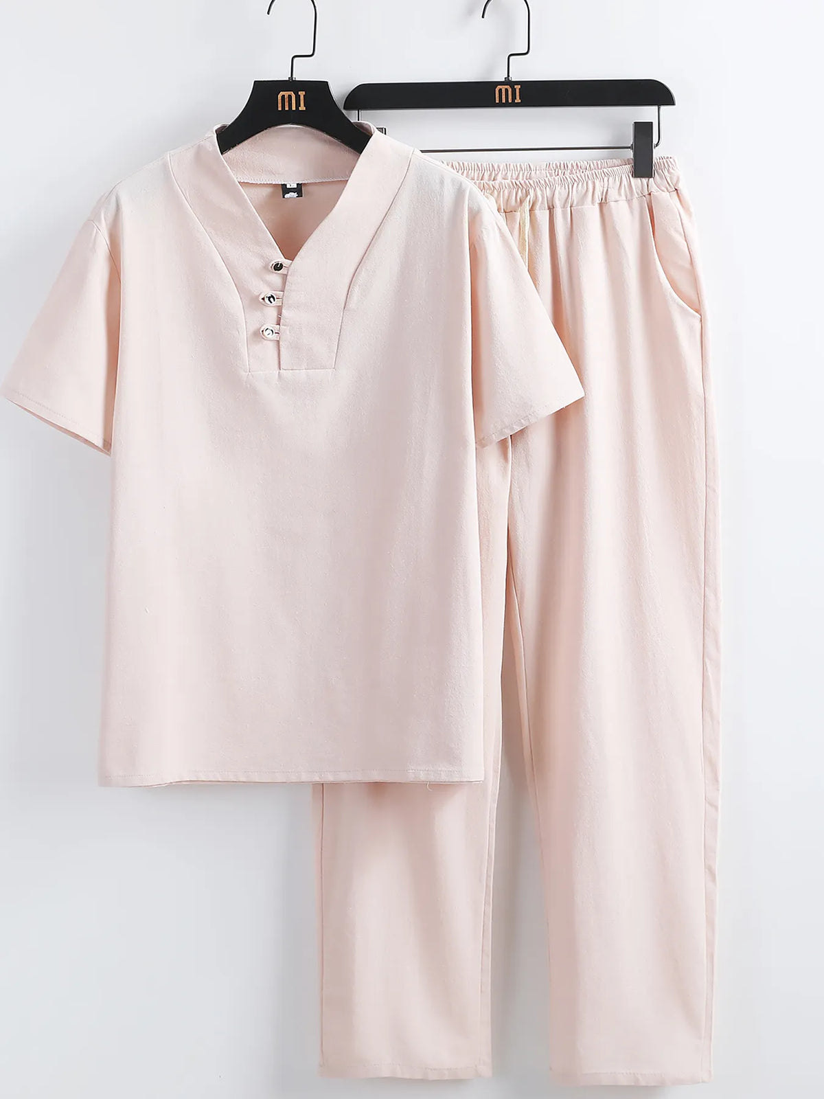 Men's Plus Size V-Neck Short Sleeve Top and Pants Set