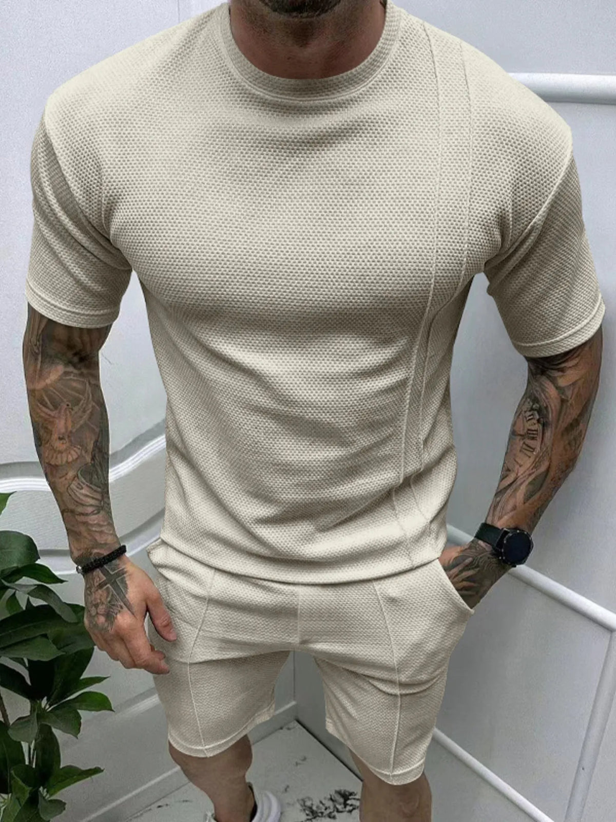 Men's Full Size Round Neck Tee and Shorts Set Plus Size