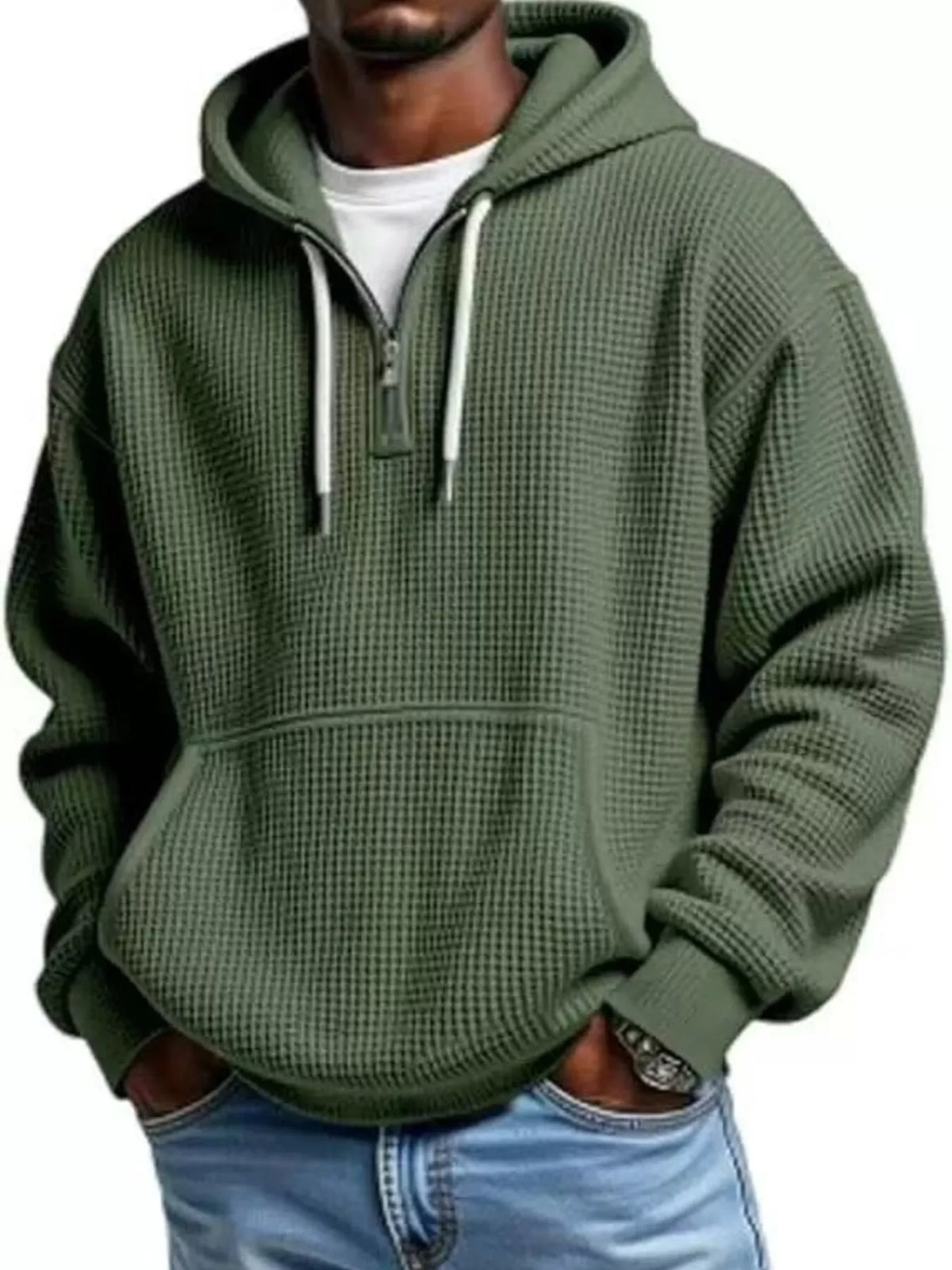Men's Full Size Textured Waffle Knit Half-Zip Hoodie Plus Size