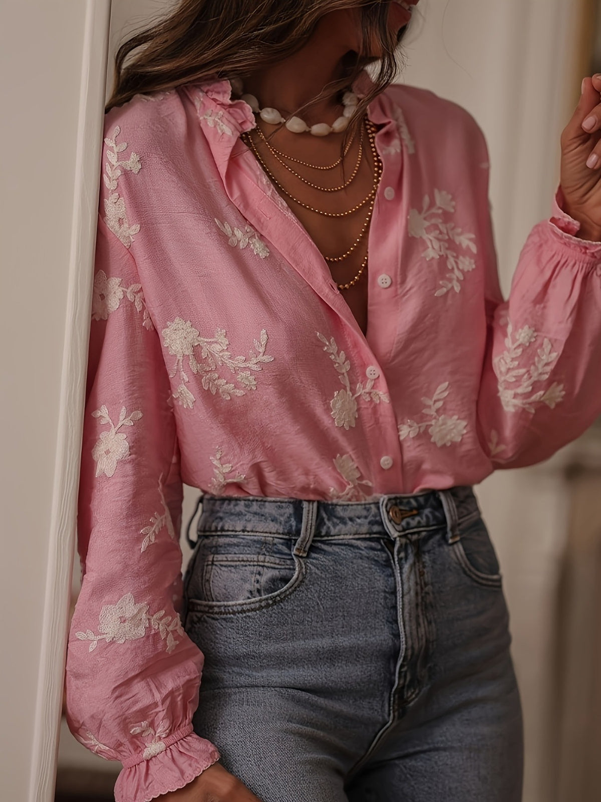 Floral Embroidered Button Down Shirt