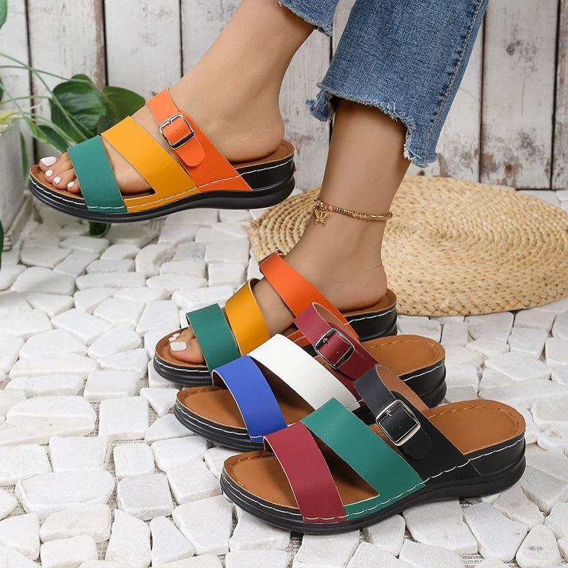 Color Block Adjustable Buckle Comfort Sandals
