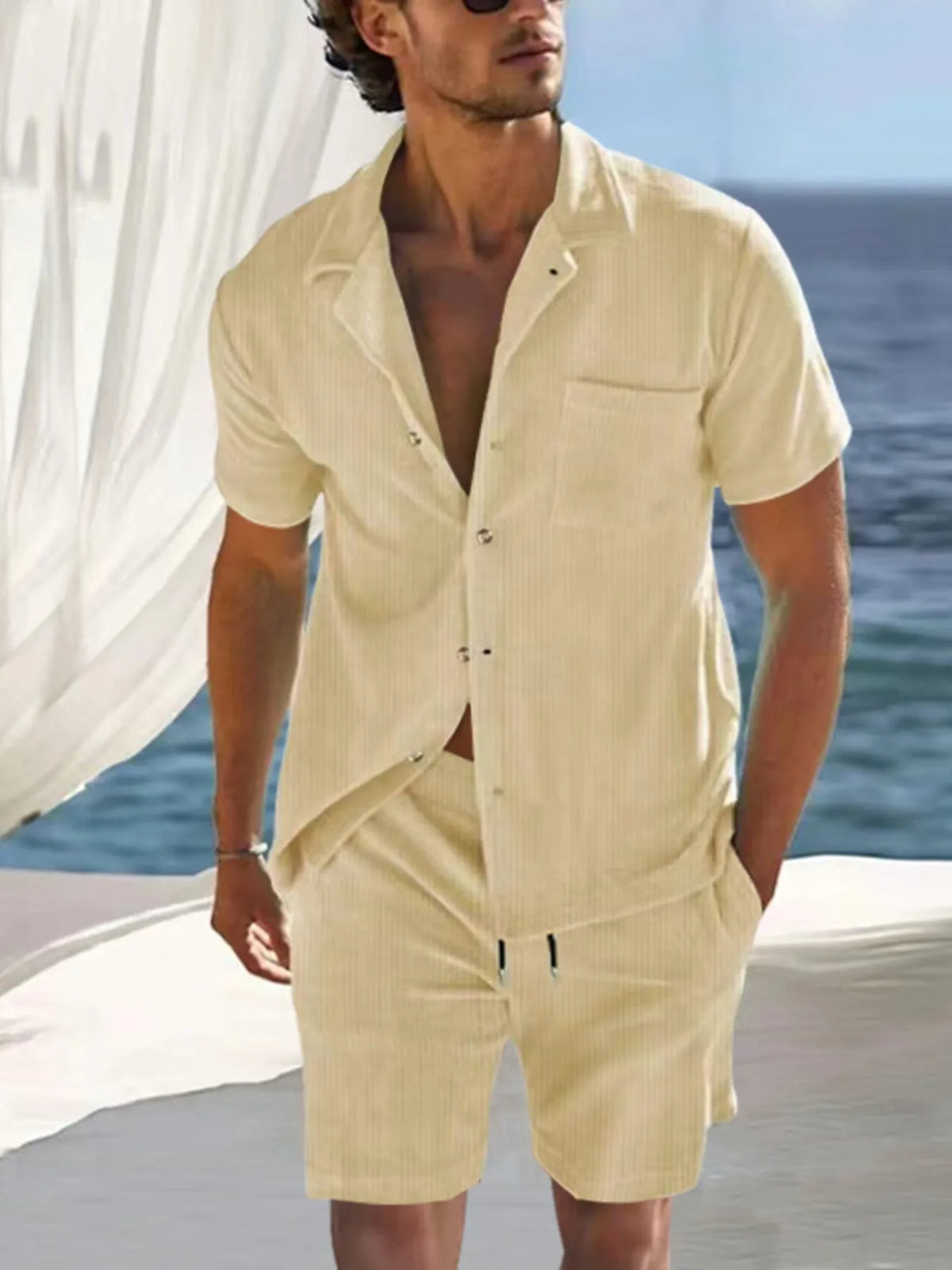 Men's Full Size Button Detail Short Sleeve Top and Shorts Set Plus Size