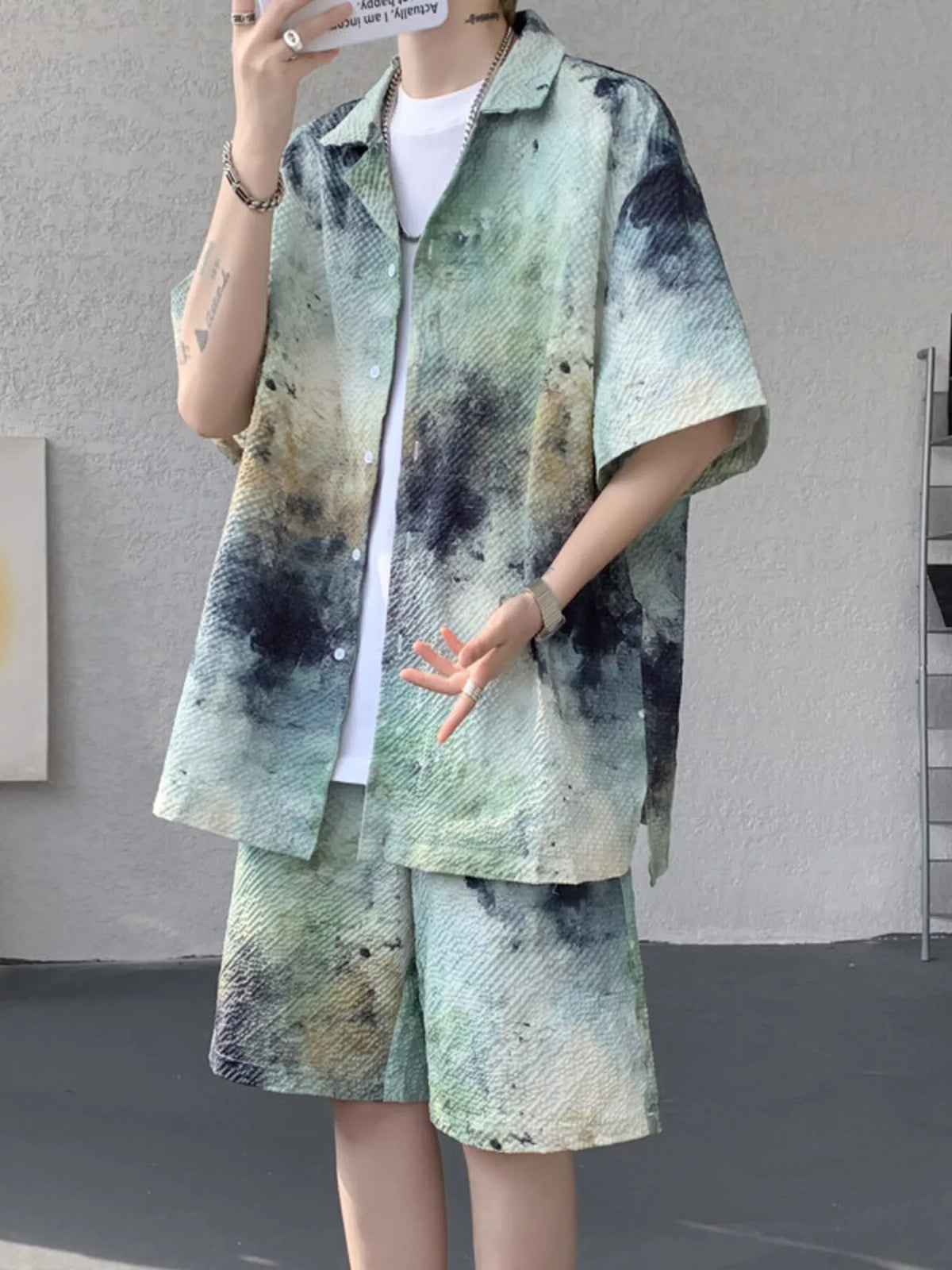 Men's Plus Size Tie-Dye Print Shirt and Shorts Set