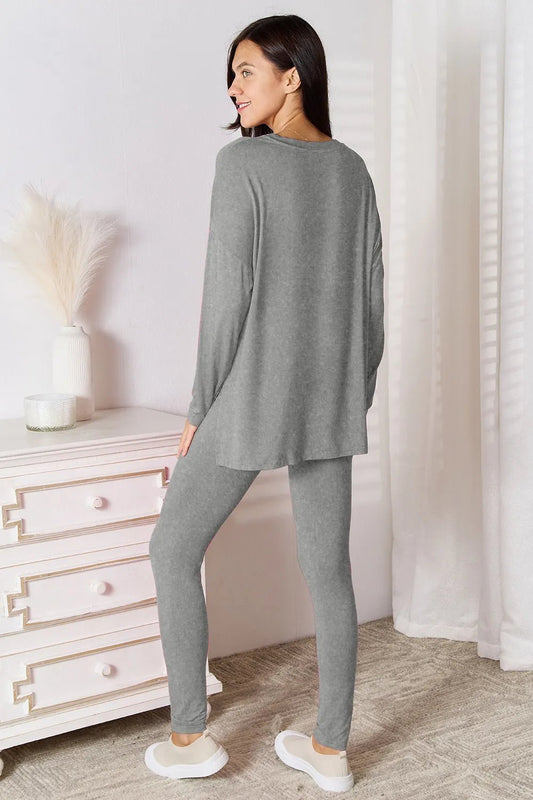 Basic Bae Bamboo Full Size V - Neck Long Sleeve Top and Pants Lounge Set - BelleVieMode