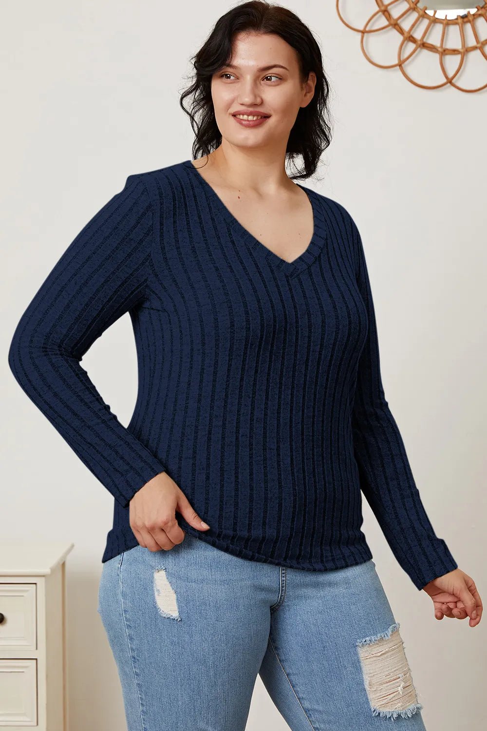 Basic Bae Full Size Ribbed V - Neck Long Sleeve T-Shirt - BelleVieMode
