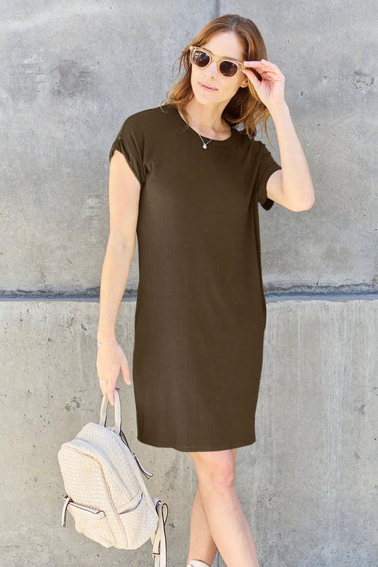 Basic Bae Full Size Round Neck Short Sleeve Dress with Pockets - BelleVieMode
