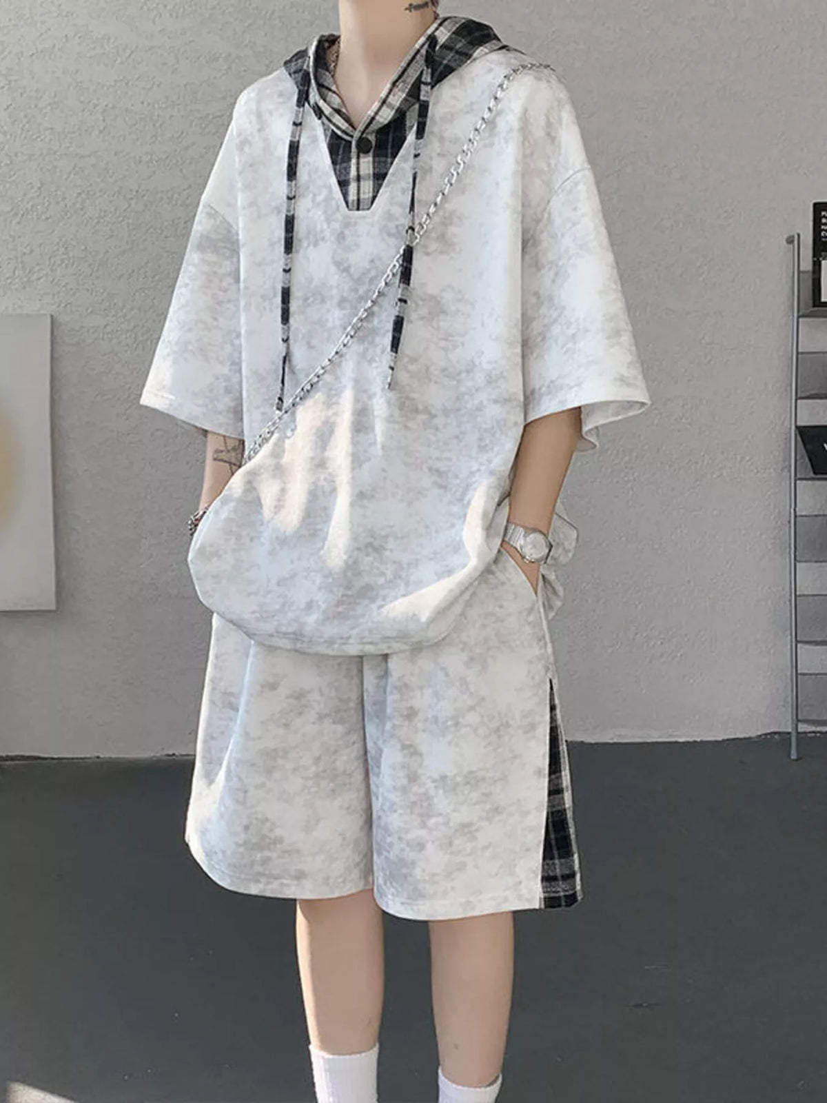 Men's Plus Size Tie-Dye Plaid Patchwork Hoodie and Shorts Set