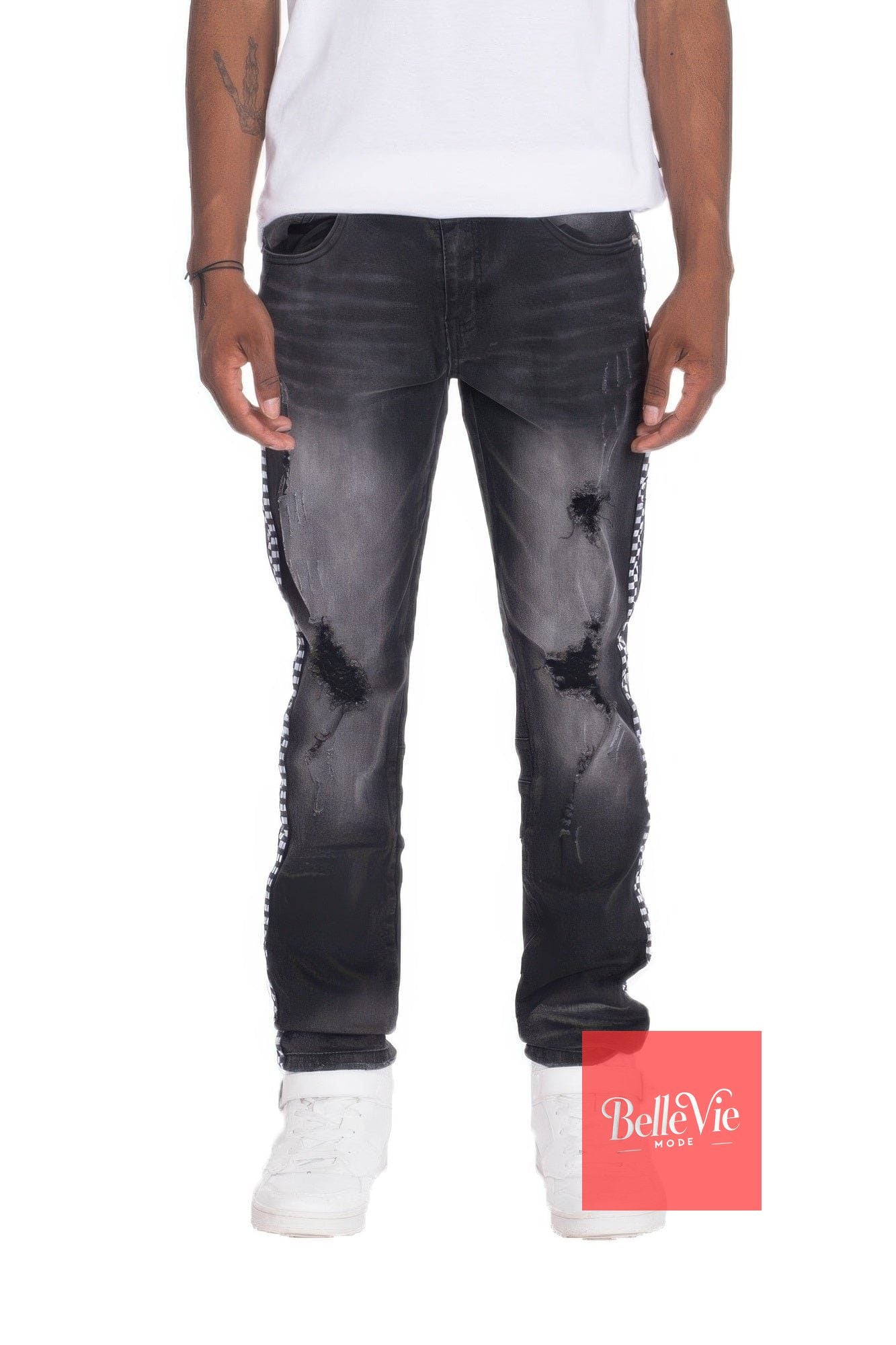 BelleVie Mode Black Distressed / 30 Distressed Denim Checkered Tape