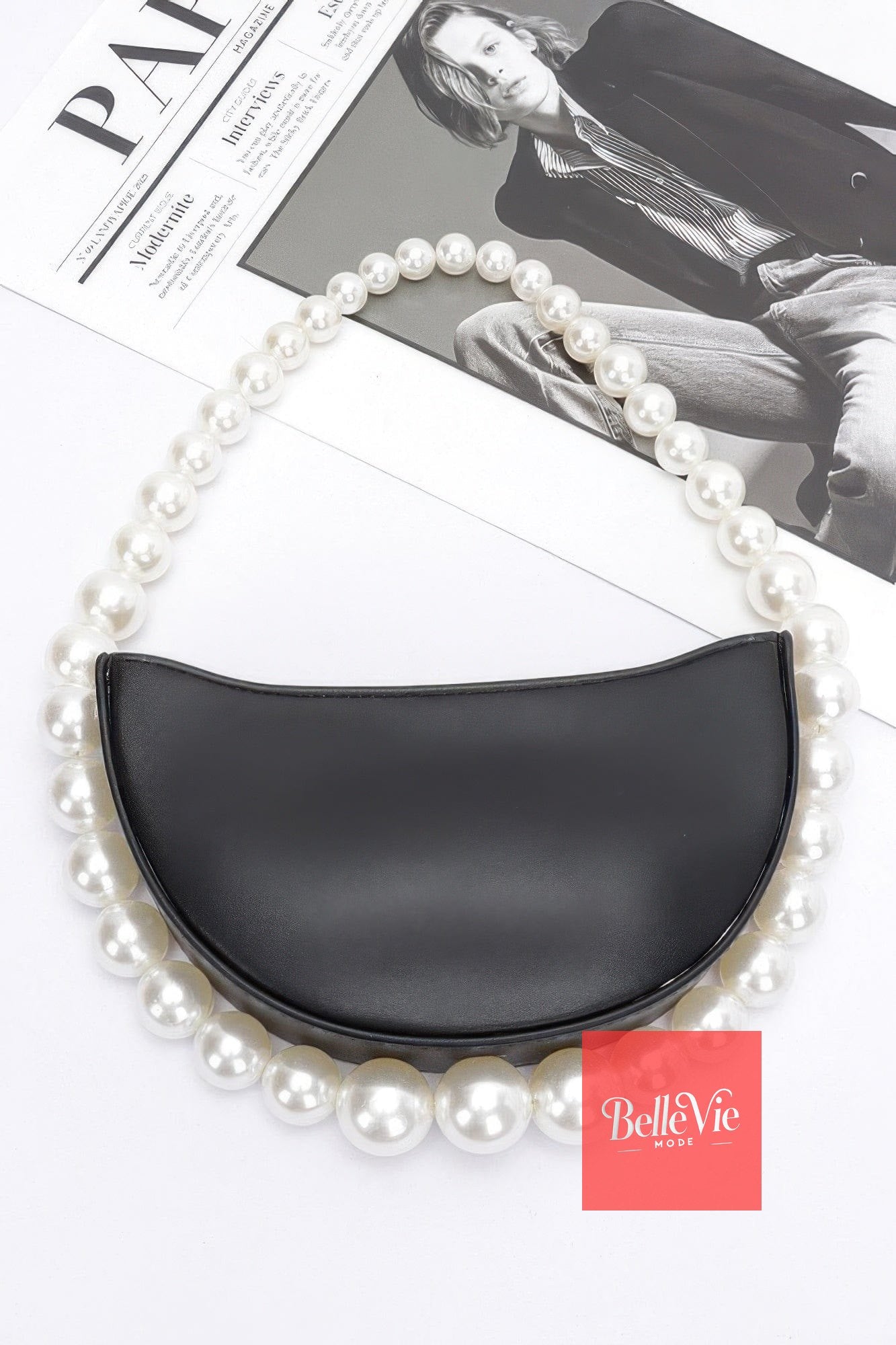 BelleVie Mode Black Faux Pearl Handle Half Moon Bag