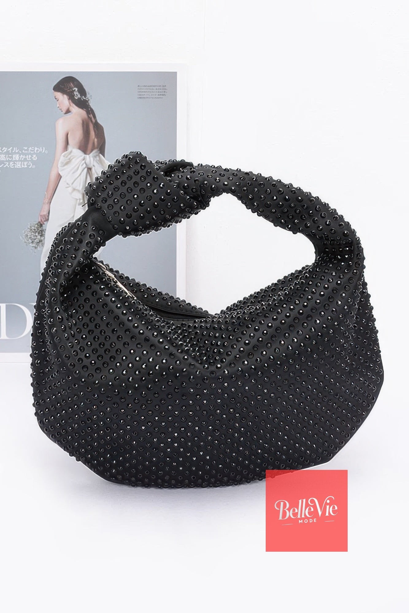 BelleVie Mode Black Hotfix Rhinestone Clutch