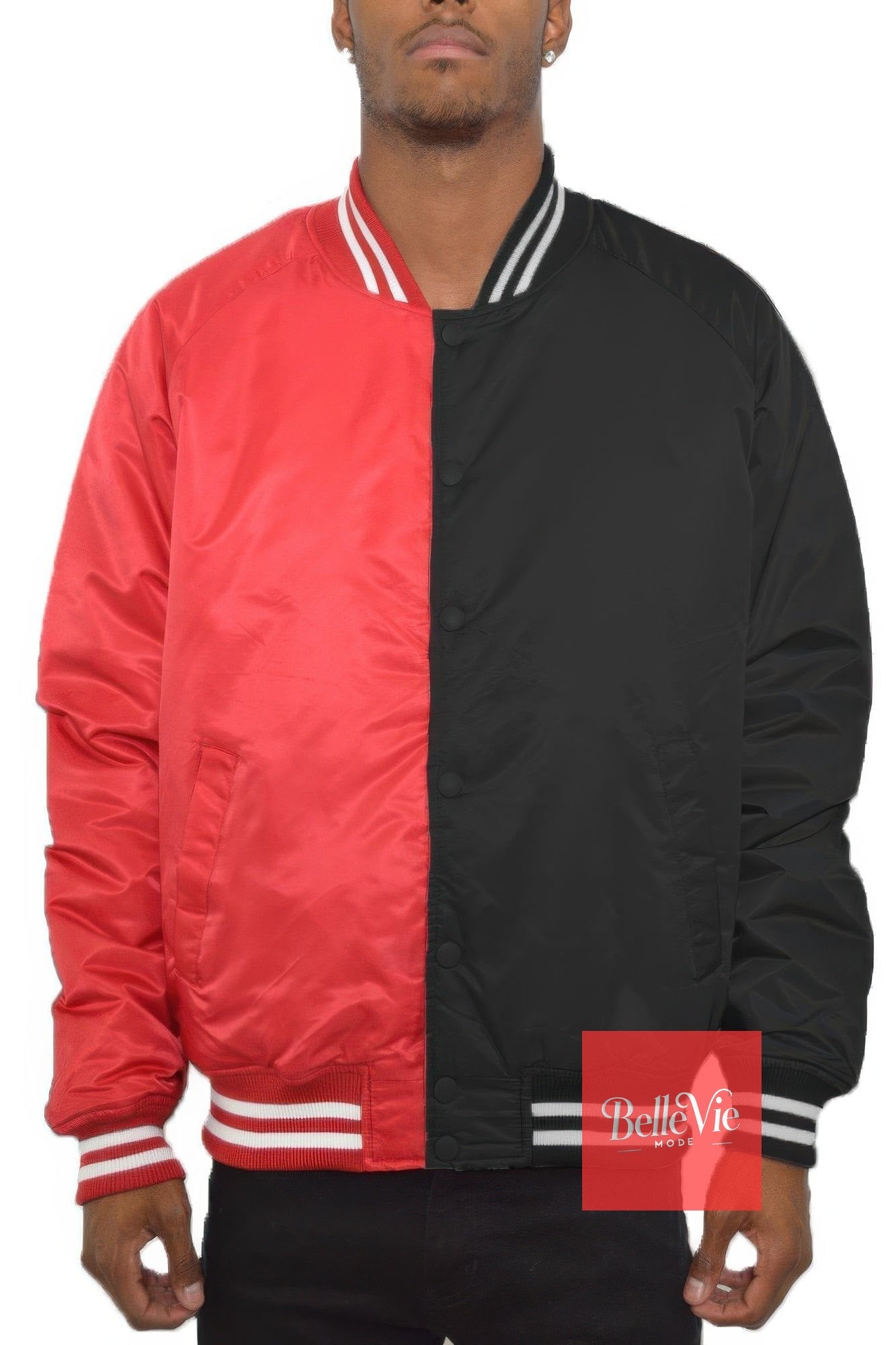 BelleVie Mode Black Red / S Color Block Two Tone Varsity Jacket