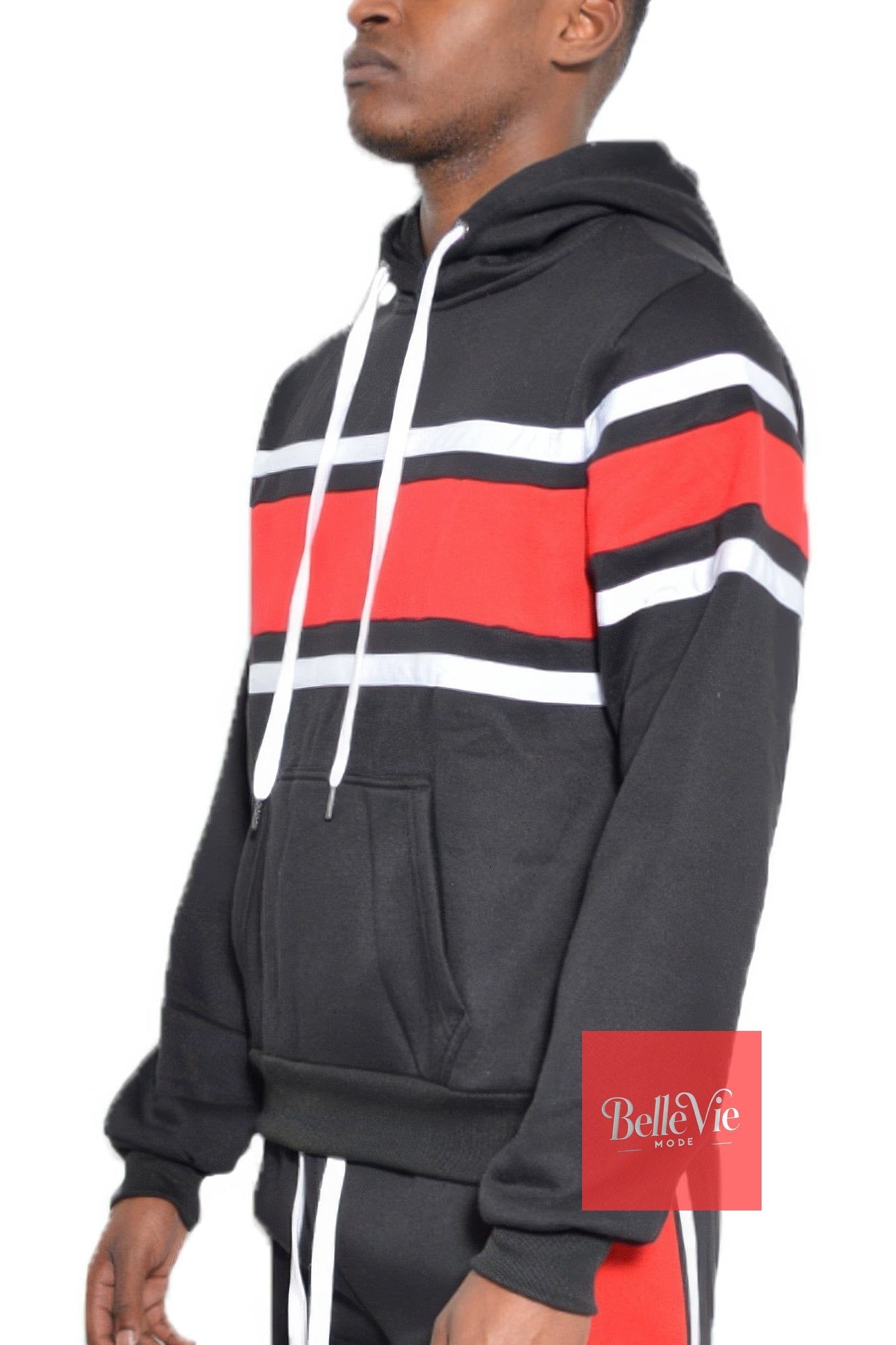 BelleVie Mode Black Red / S Solid With Three Stripe Pullover Hoodie