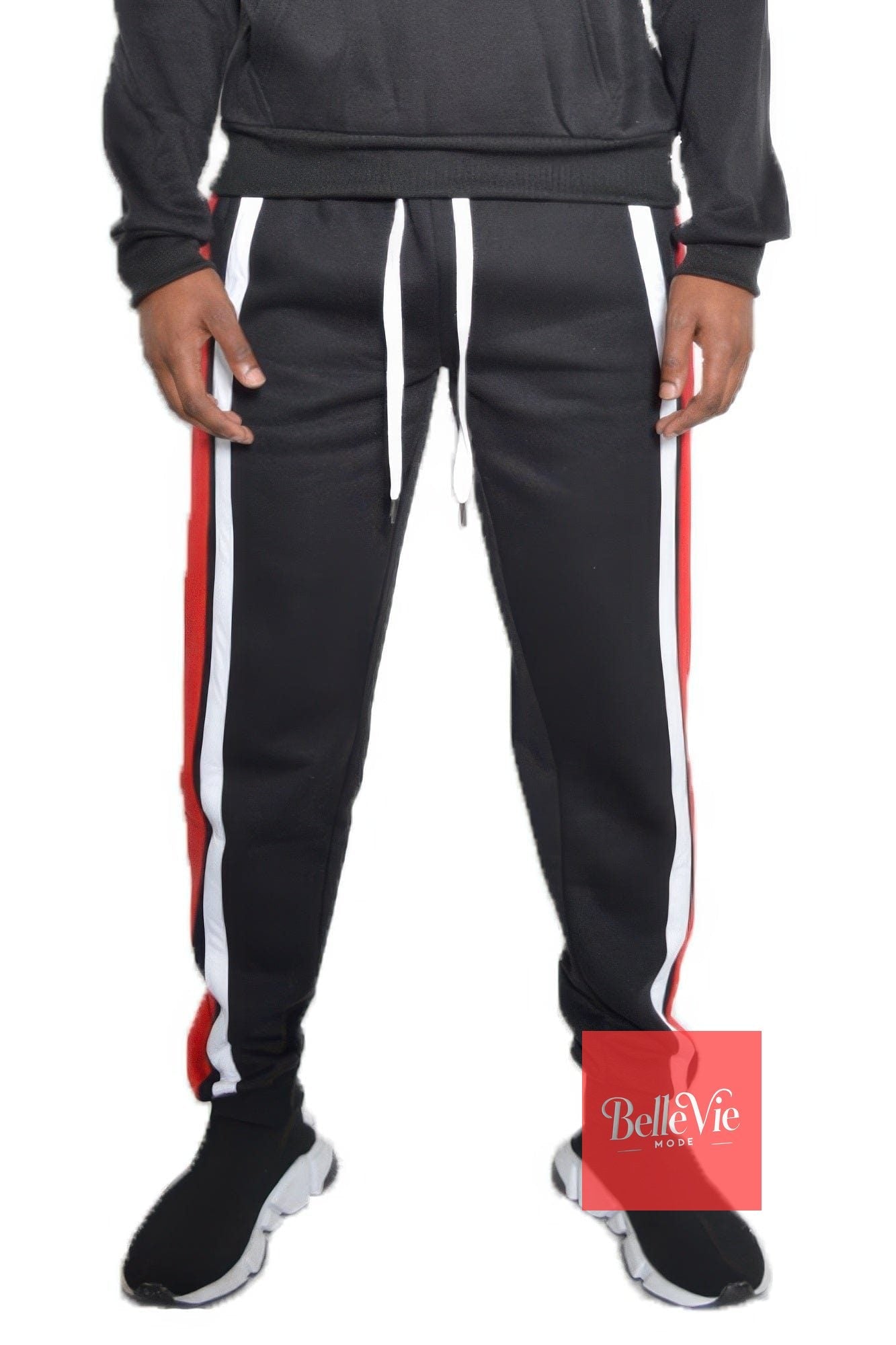 BelleVie Mode Black Red / S Solid With Three Stripe Sweat Pants