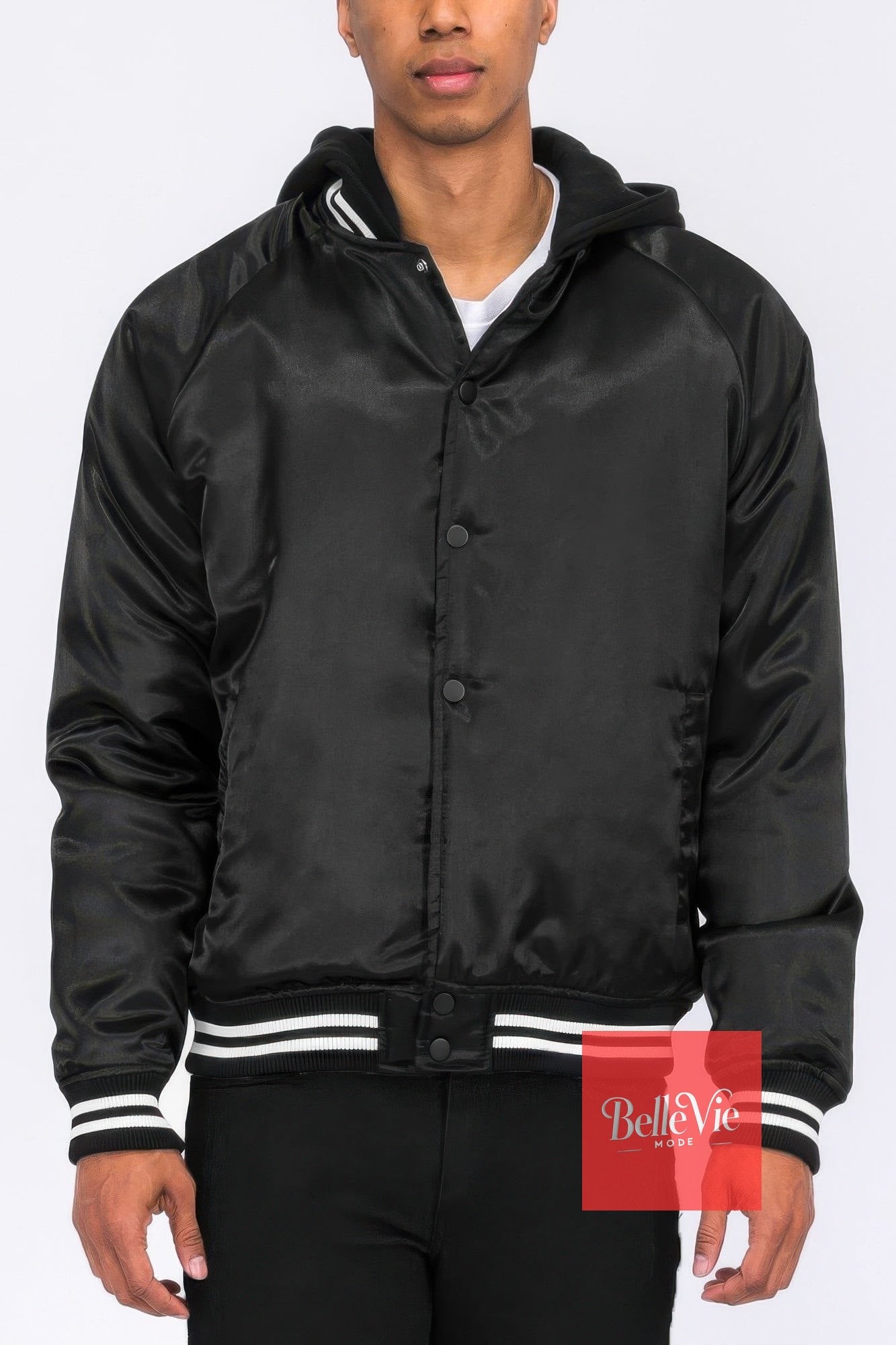 BelleVie Mode Black / S Satin Varsity Bomber Jacket