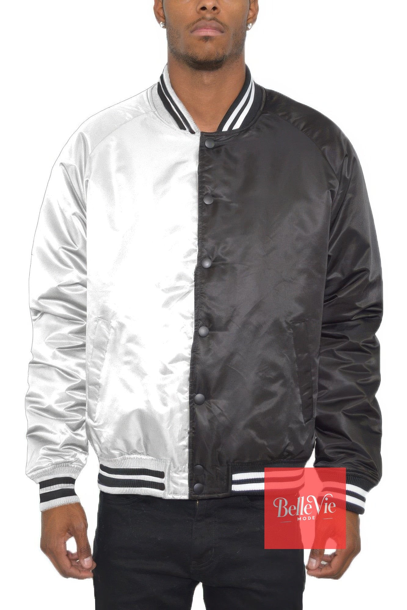 BelleVie Mode Black White / S Color Block Two Tone Varsity Jacket