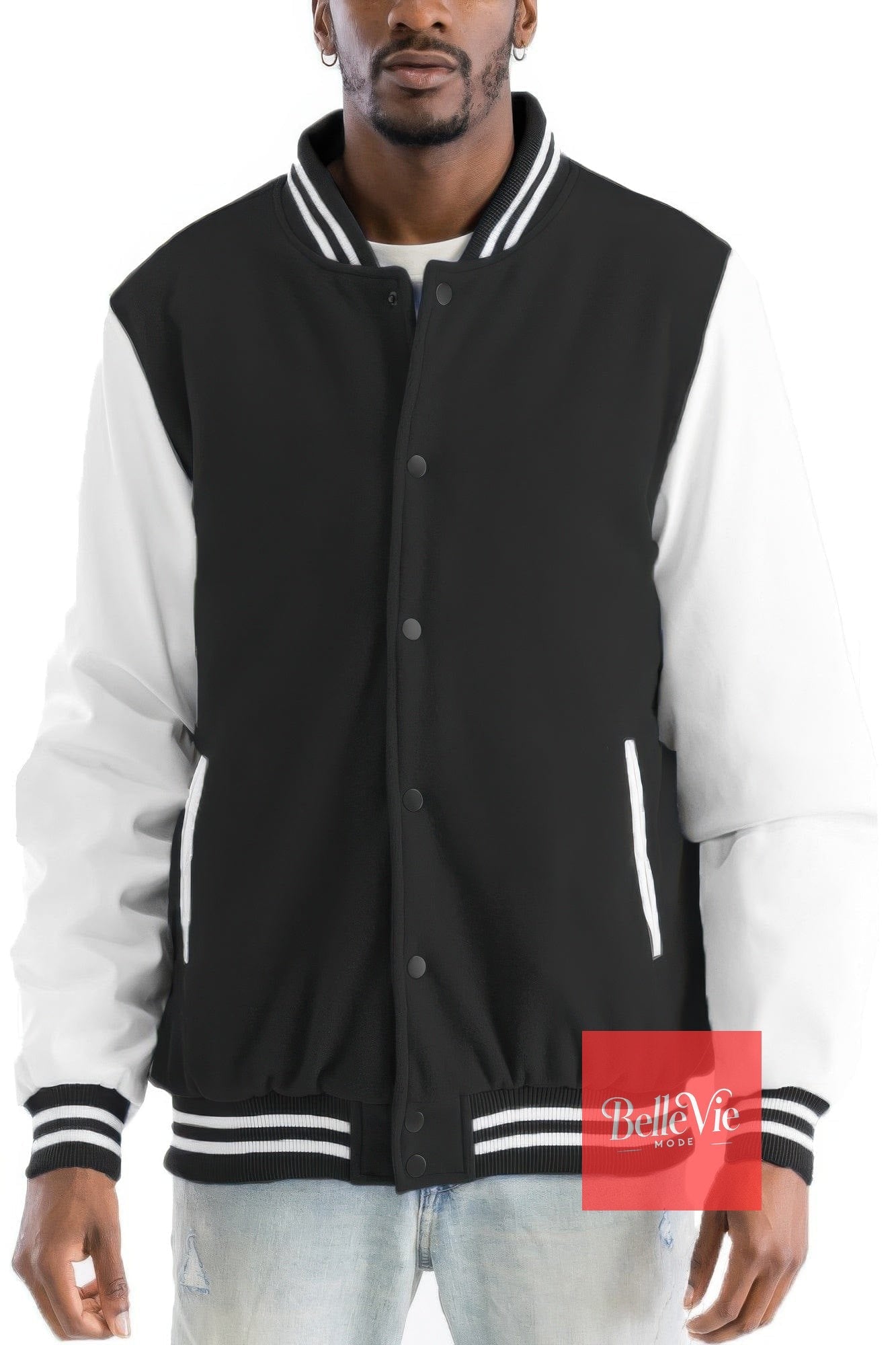 BelleVie Mode Black White / S Melton Lettermans Varsity Jacket