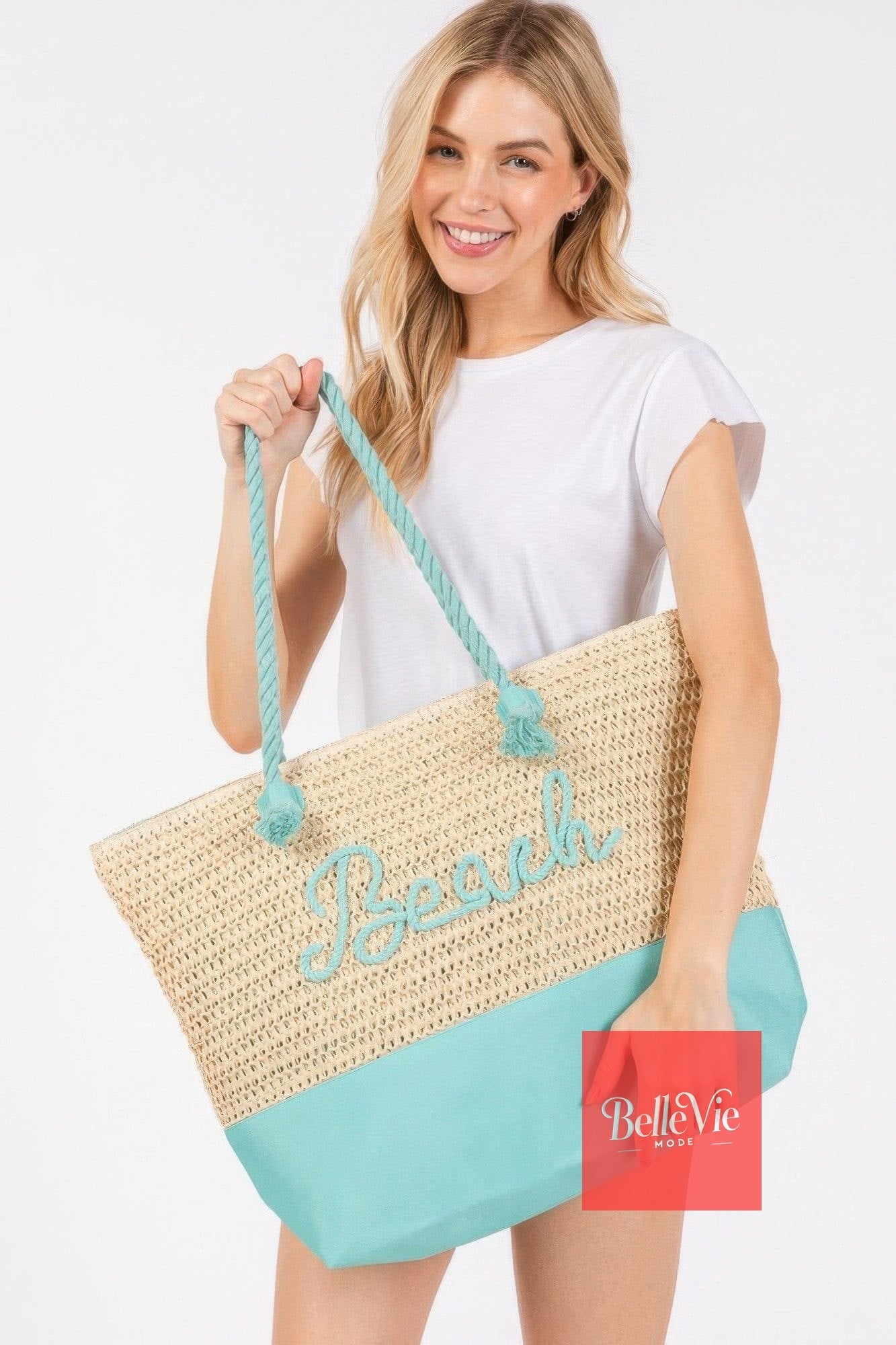 BelleVie Mode Blue Color Sewn Rope Beach Letter And Strap Crochet Fabric Tote