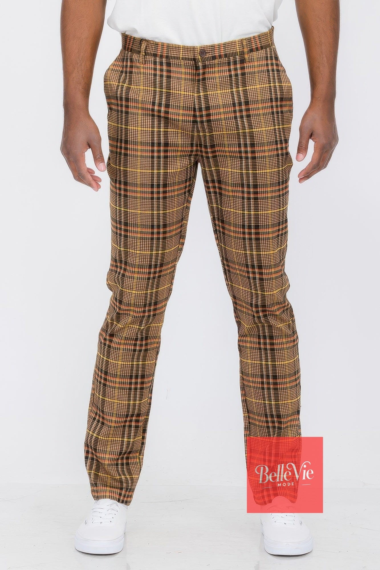 BelleVie Mode Brown / 30 Mens Plaid Trouser Pants