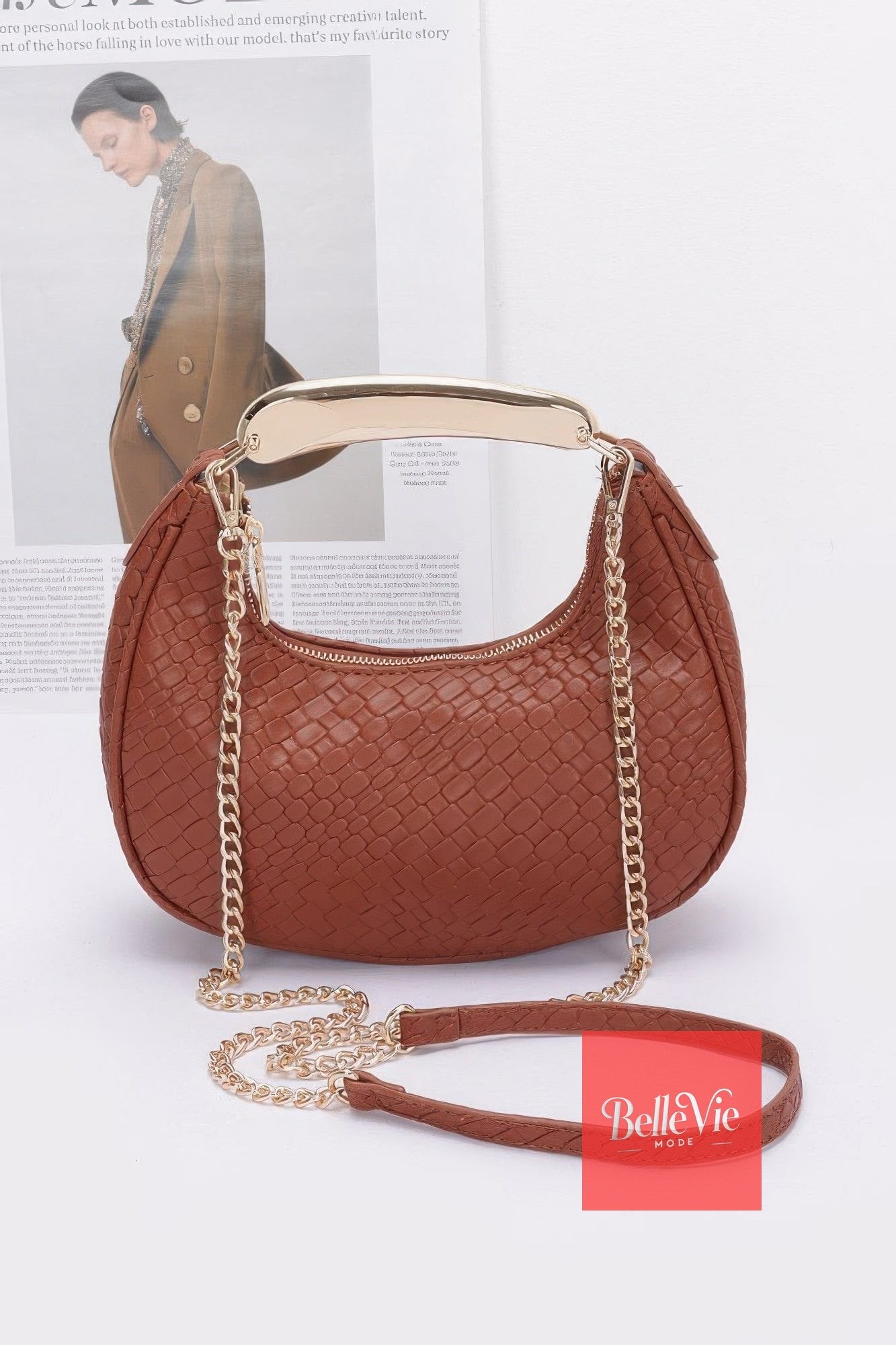 BelleVie Mode Brown Embossed Faux Leather Metal Handle Bag