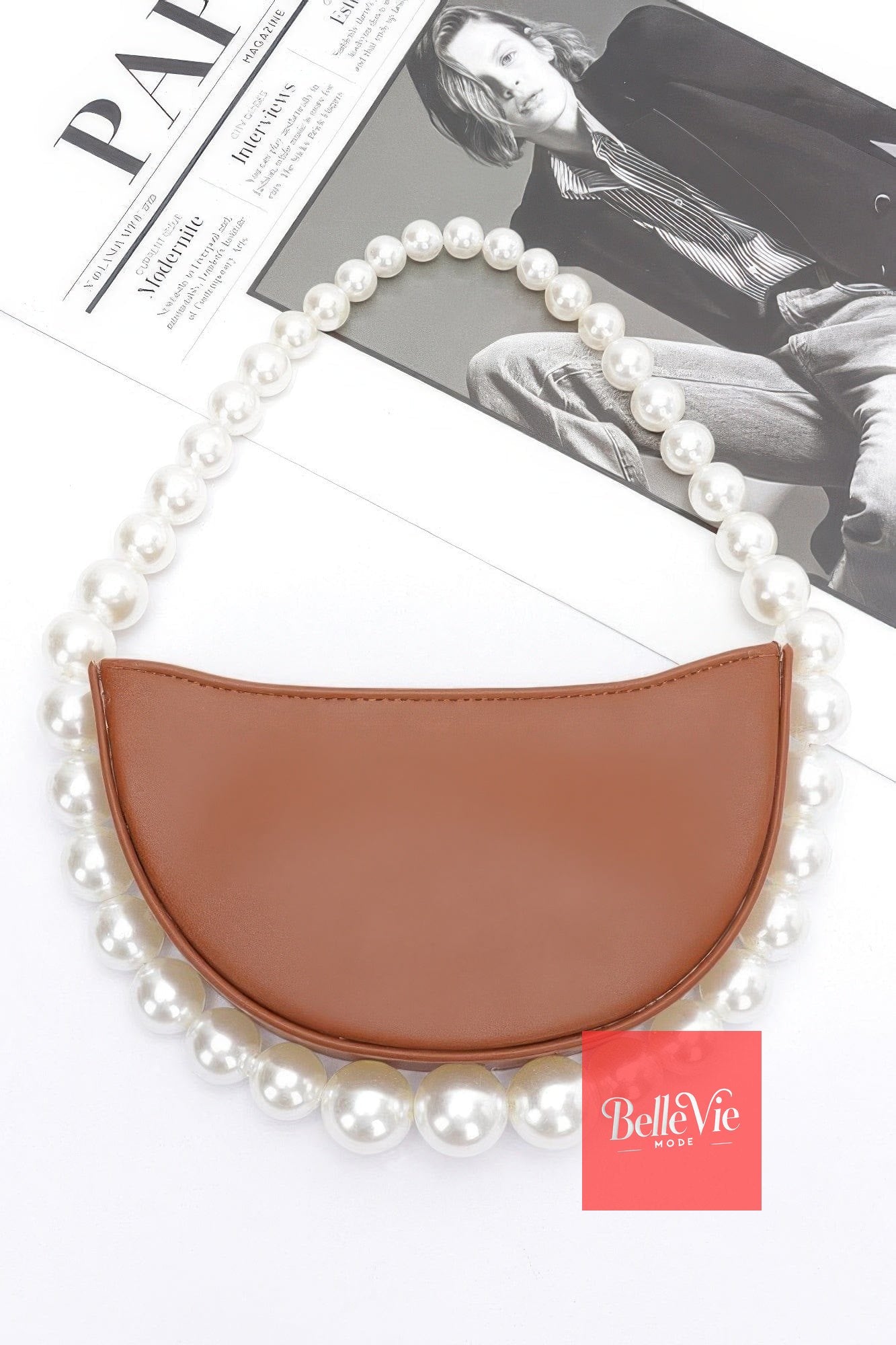 BelleVie Mode Brown Faux Pearl Handle Half Moon Bag