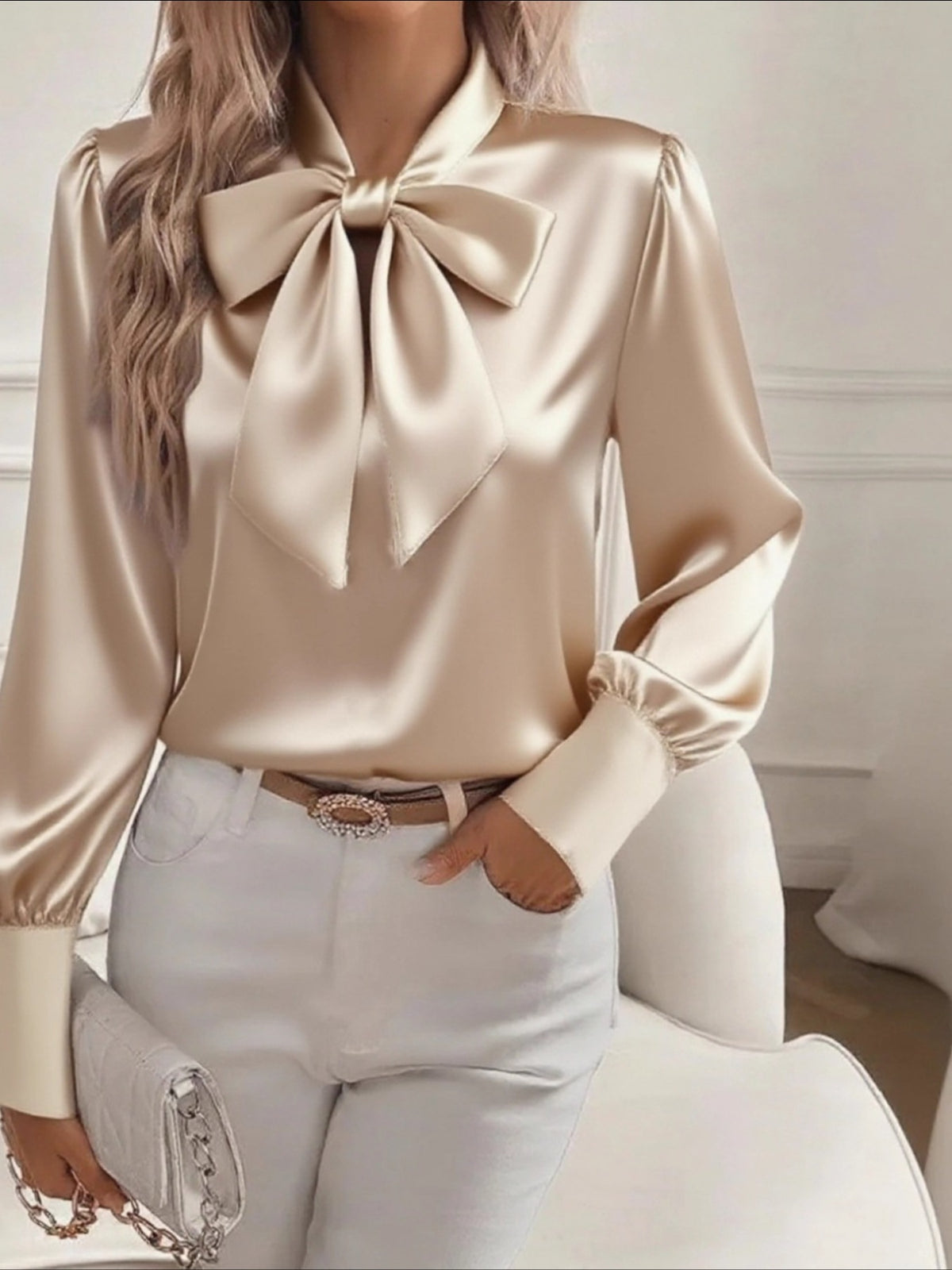 Satin Bow Tie Long Sleeve Top